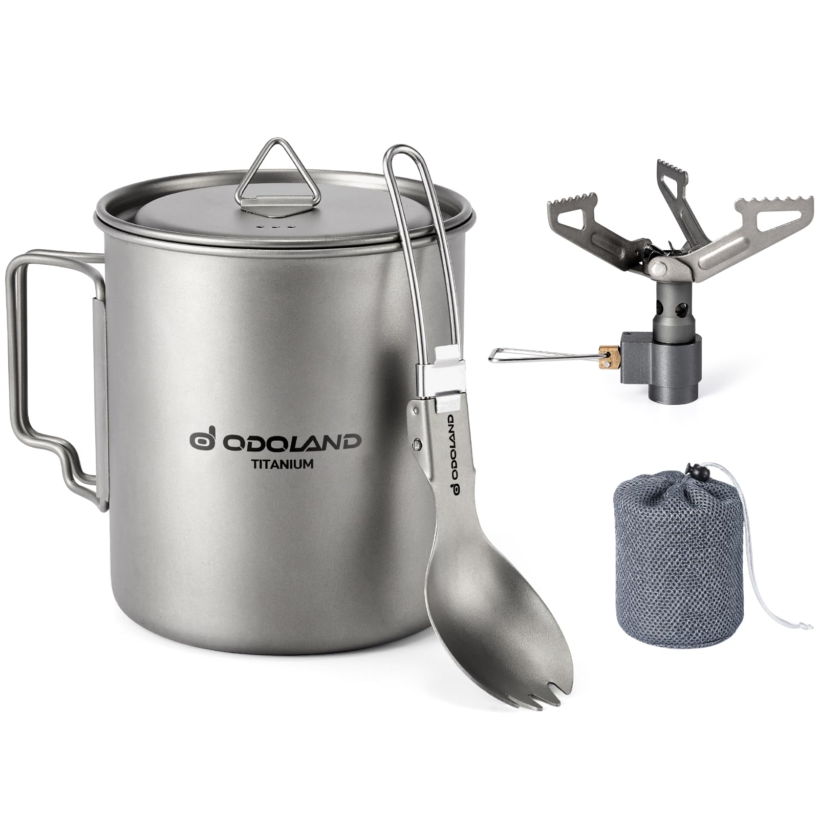 Odoland 750ML Titanium Camping Cookware Set - Lightweight Titanium Pot with Portable Camping Stove & Spork - Perfect for Backpacking, Hiking, Travel, Picnics & Outdoor Adventures