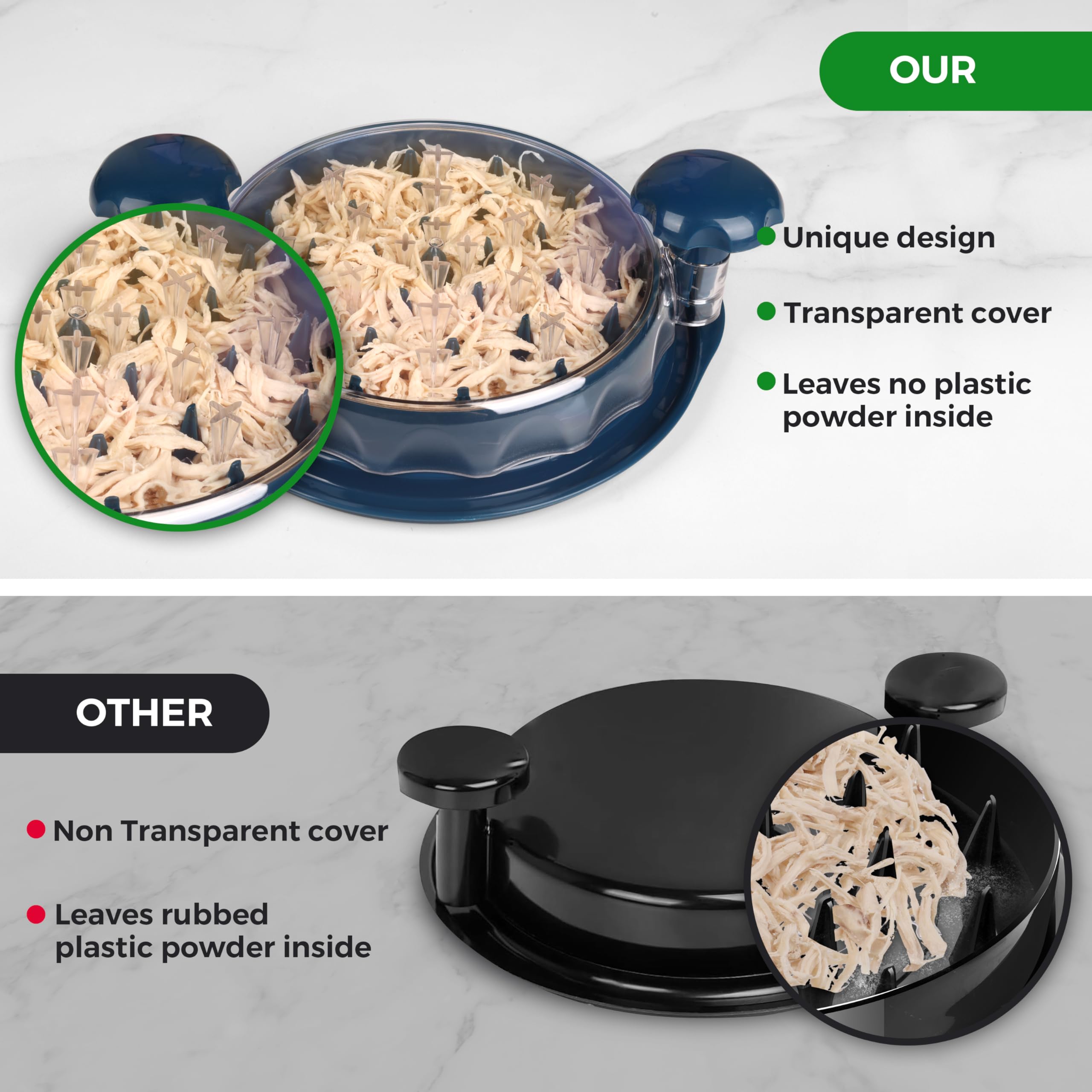 Professional Chicken Shredder Tool - Heavy Duty Meat Shredder with Twist Function & Transparent Lid - Non-Slip Kitchen Gadget for Pulled Chicken, Pork, Beef - Perfect for Tacos, Sandwiches, Salads & Meal Prep