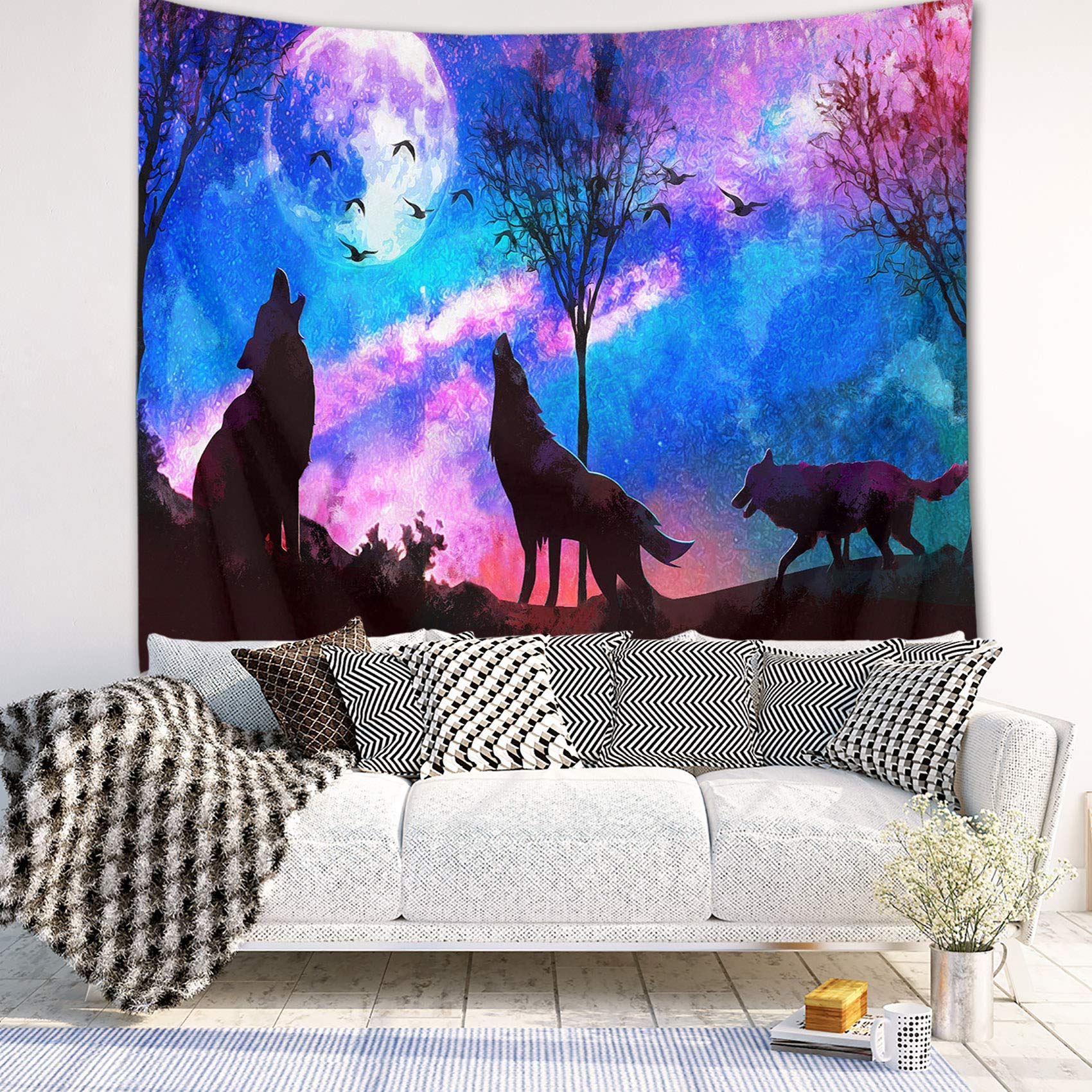 HVEST Wolf Tapestry Purple Blue Psychedelic Starry Sky Moon Mountains Wall Hanging Blanket for Bedroom Living Room Teen Dorm Indie Decor Poster 60x40 Inches, Perfect for Home Office Meditation Space and Cozy Reading Nook