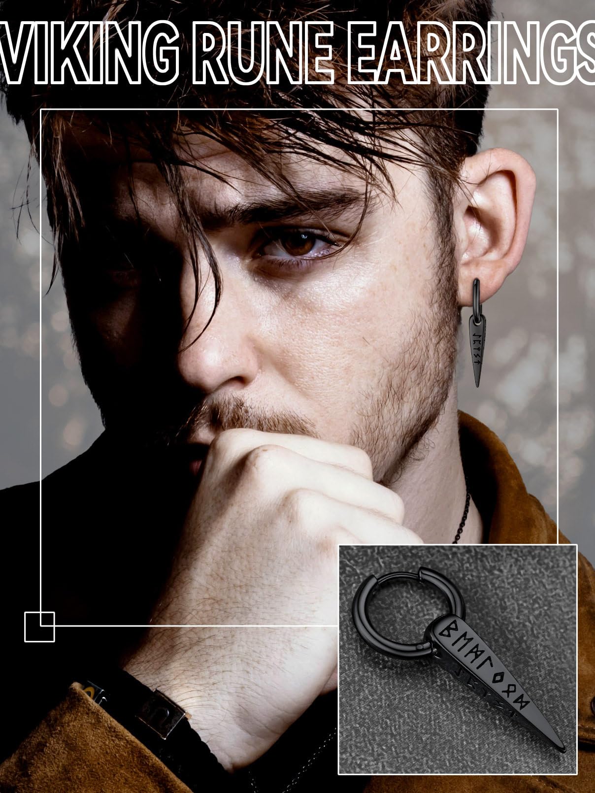 FaithHeart Norse Viking Runes Hoop Earrings for Men - Hypoallergenic Stainless Steel Punk Huggie Earrings - Norse Mythology Jewelry Gifts with Delicate Packaging - Perfect for Viking Lovers, Cosplay & Everyday Wear