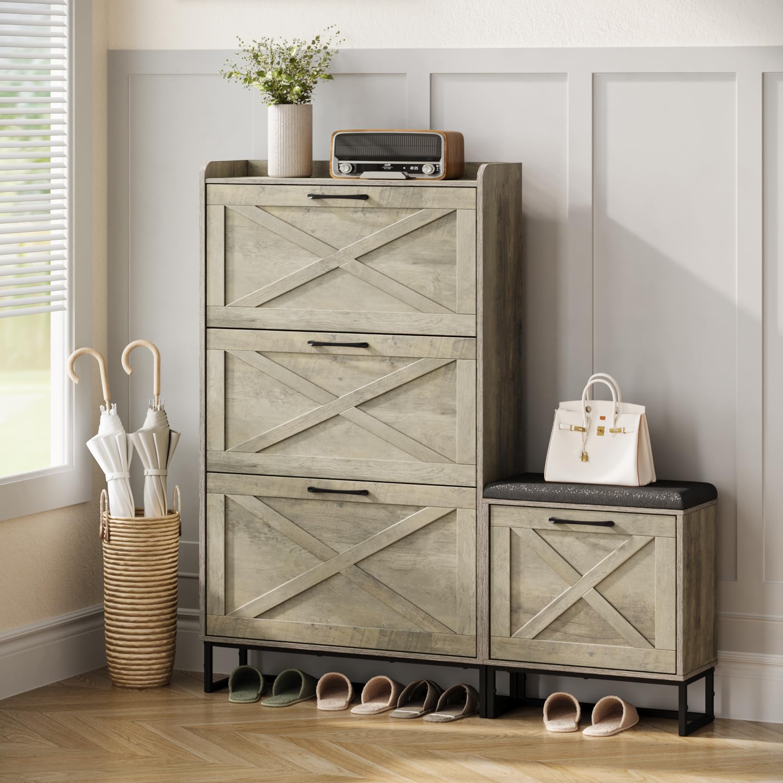 Maupvit 4-Tier Flip Drawer Shoe Storage Cabinet - Holds 28 Pairs, Entryway Shoe Bench & Hidden Organizer for Living Room, Hallway - Space-Saving Grey Shoe Rack (Perfect for Small Apartments & Cluttered Entryways)