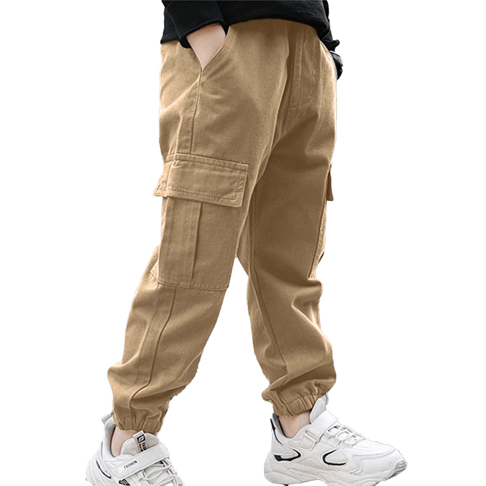 JanJean Boys' Cargo Jogger Pants with Elastic Waist & Multi-Pockets - Comfortable Casual Trousers for Kids Age 6-14 | Perfect for School, Play & Outdoor Activities