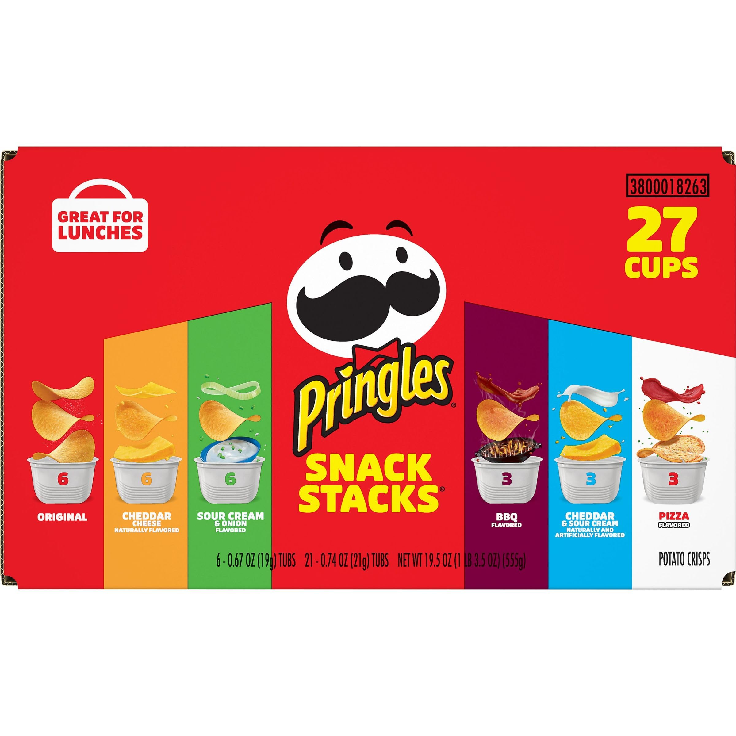 Pringles Potato Crisps Variety Pack (27 Cups) - Original, Sour Cream & Onion, BBQ - Perfect for Lunch, Office, Kids Snacks & Party Food - Crunchy & Delicious Snack Stacks for Any Occasion