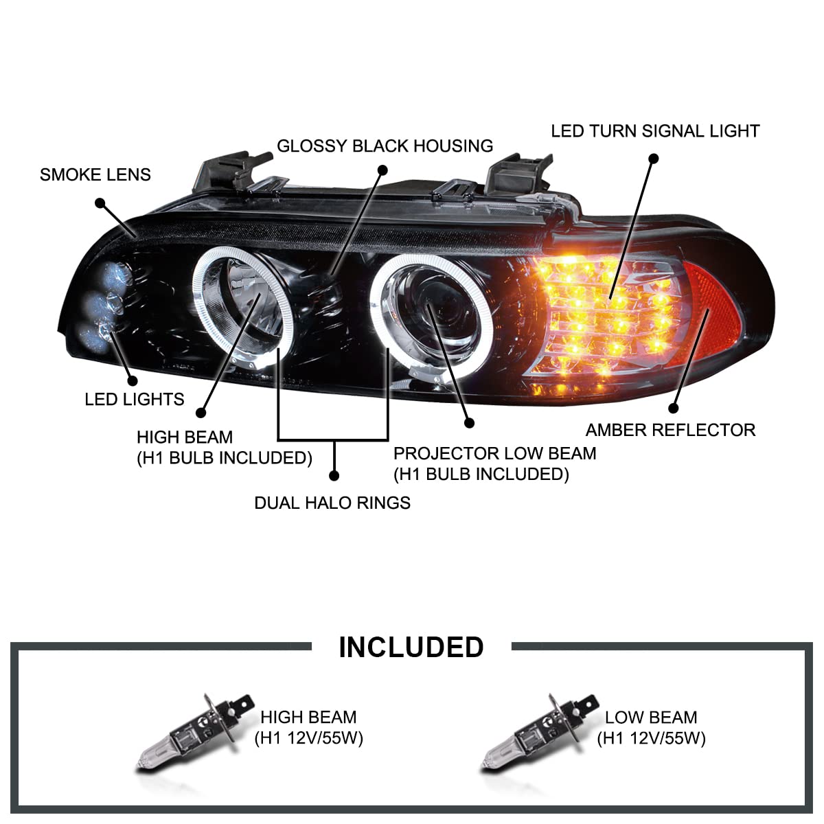 Spec-D Tuning Halo Projector Headlights + LED Signal Glossy Black for 2001-2003 BMW E39 5-Series (Non-OE Xenon Models) - Left & Right Headlamp Assembly - Upgrade Your Nighttime Driving Visibility & Style