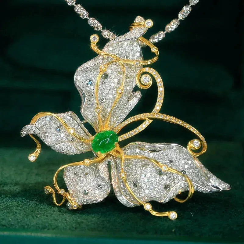 18K White & Yellow Gold Diamond & Natural Emerald Butterfly Pendant Necklace for Women - Luxury High Jewelry Gift for Anniversary, Birthday & Special Occasions