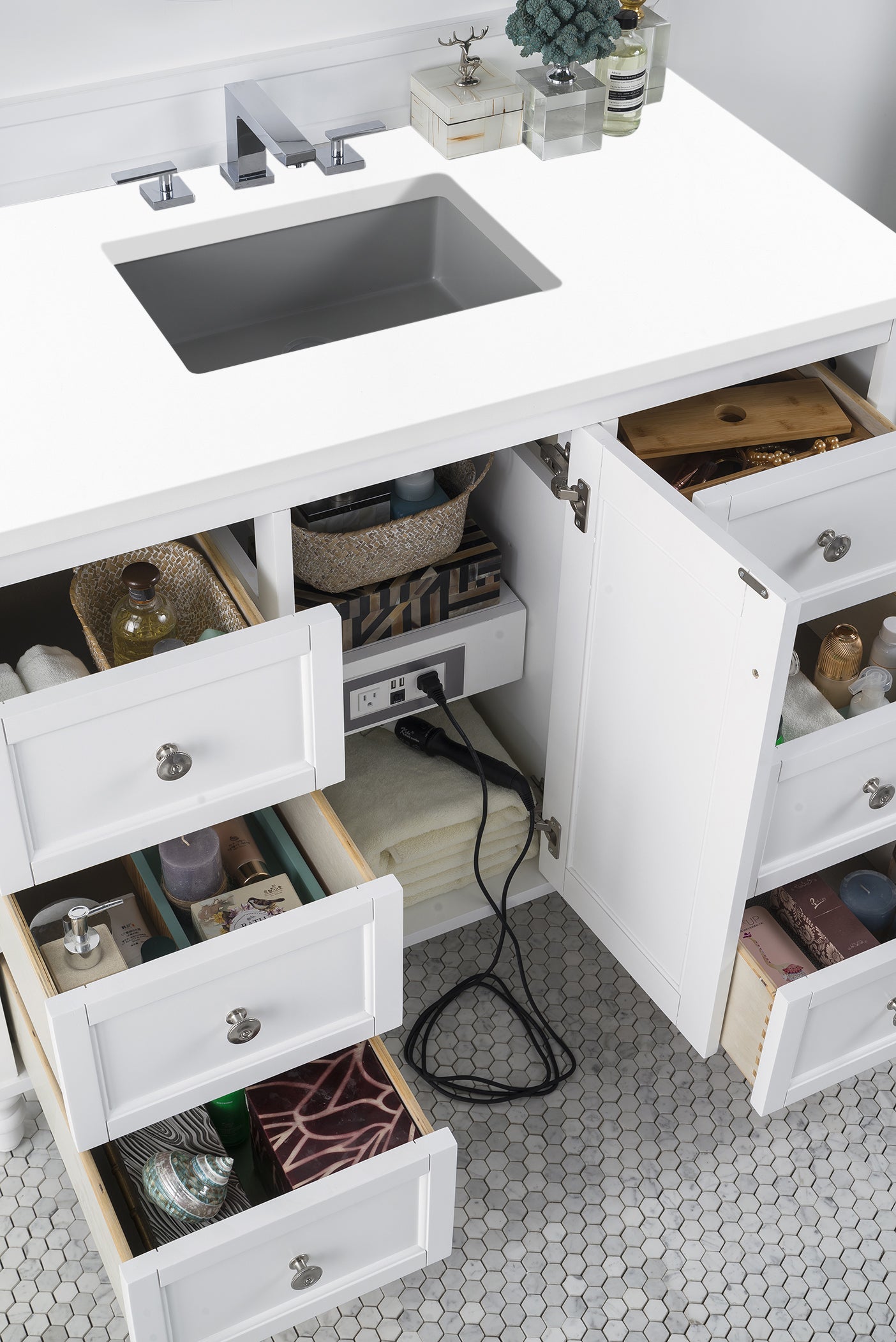 Copper Cove Encore 48 Inch Single Bathroom Vanity with White Zeus Quartz Top - Bright White Finish for Modern Bathrooms | Perfect for Master Bath, Guest Bath & Powder Room Remodeling