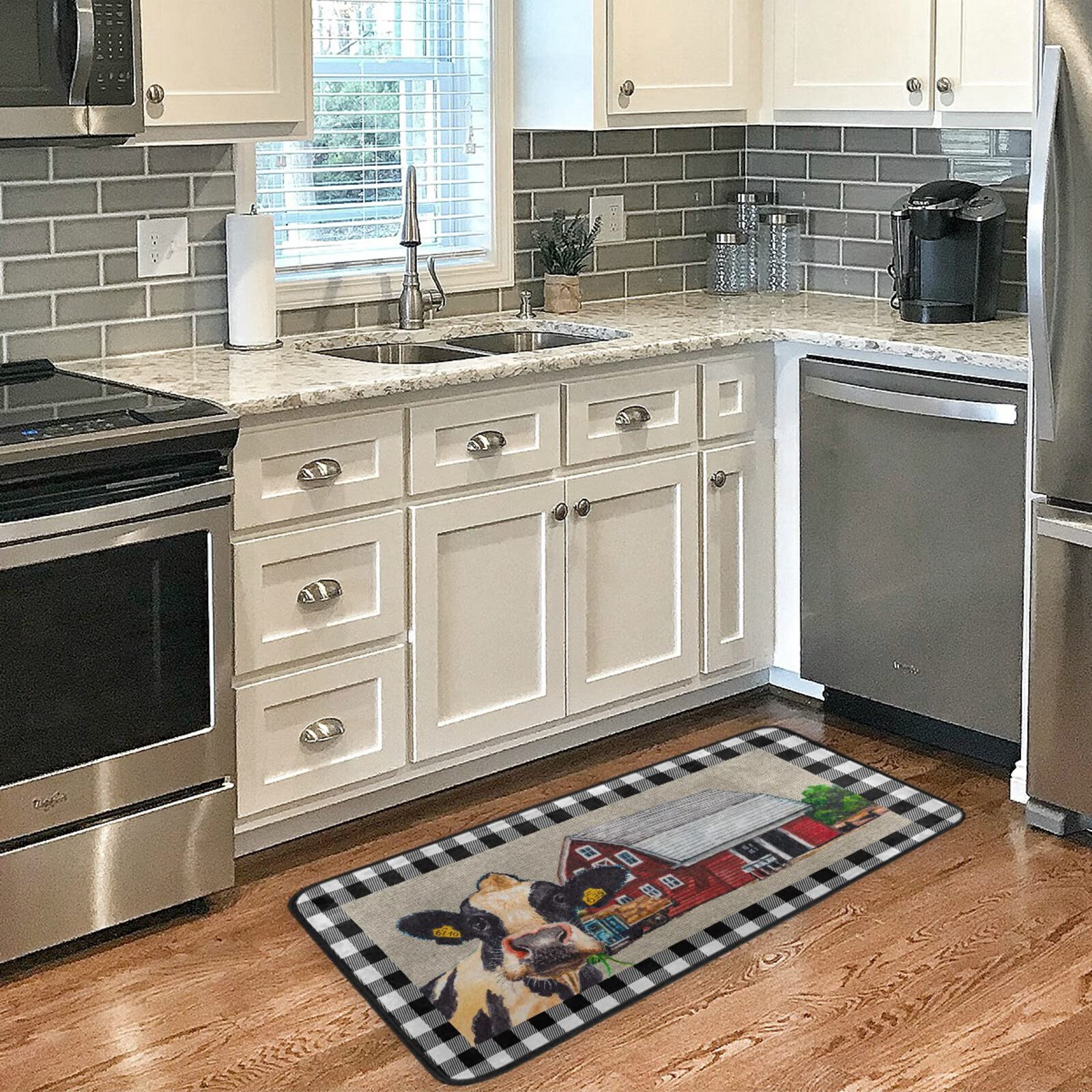 Non-Slip White Buffalo Plaid Kitchen Rugs - Washable Anti-Fatigue Cushioned Floor Mats for Farmhouse, Laundry & Sink Areas - Perfect for Home, Office & Standing Workstations - 39x20 Inch