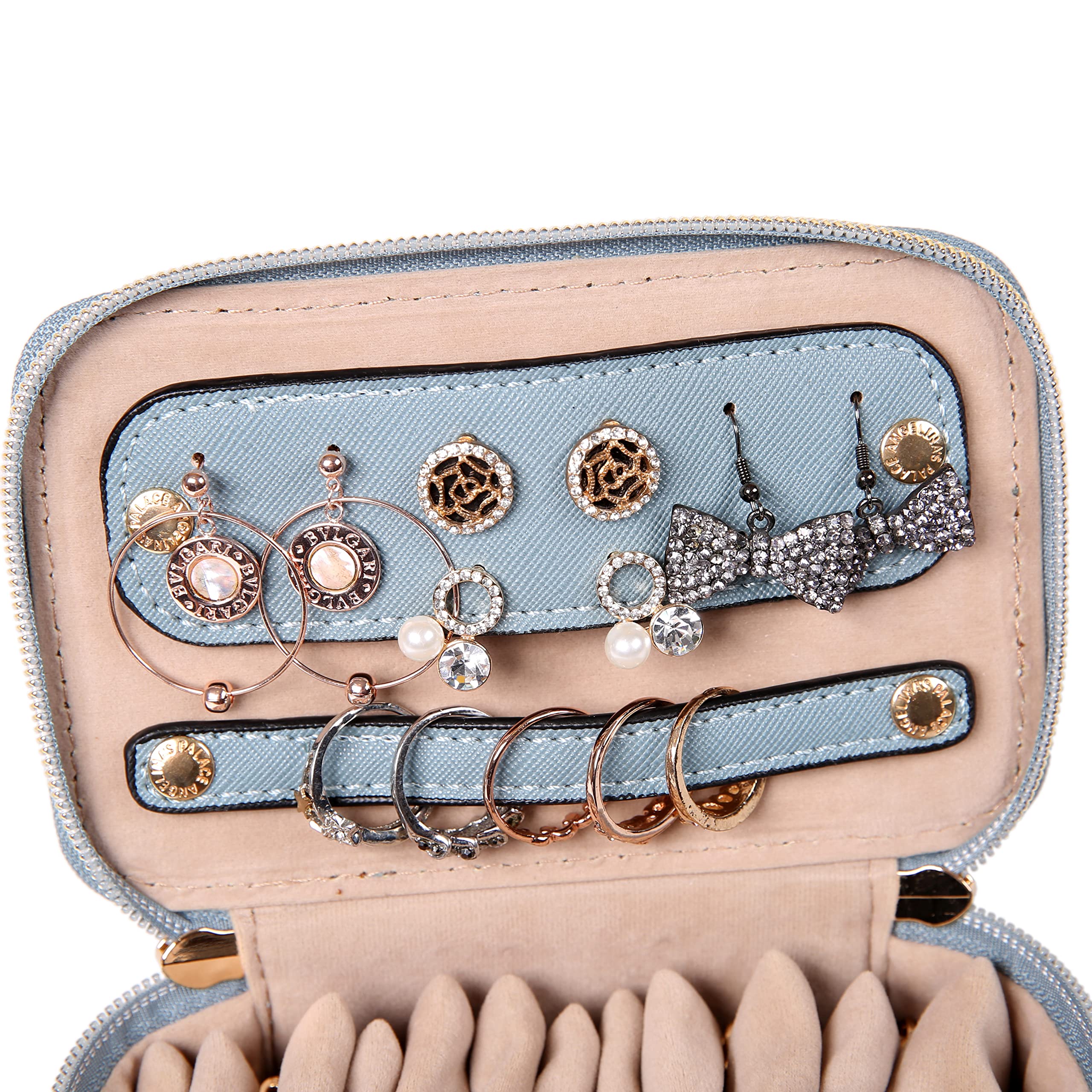 Angelina's Palace Jewelry Organizer Case - Vegan Leather Travel Jewelry Box for Necklaces, Earrings, Bracelets & Rings - Perfect Bridesmaid Gift & Jewelry Storage Solution (Pearl Blue) - Ideal for Travel, Home Organization & Wedding Accessories