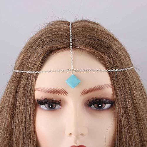 Bomine Boho Head Chain Forehead Jewelry - Turquoise Hair Chain for Women & Girls - Silver Festival Headpiece - Perfect for Music Festivals, Beach Parties & Boho Fashion Accessories