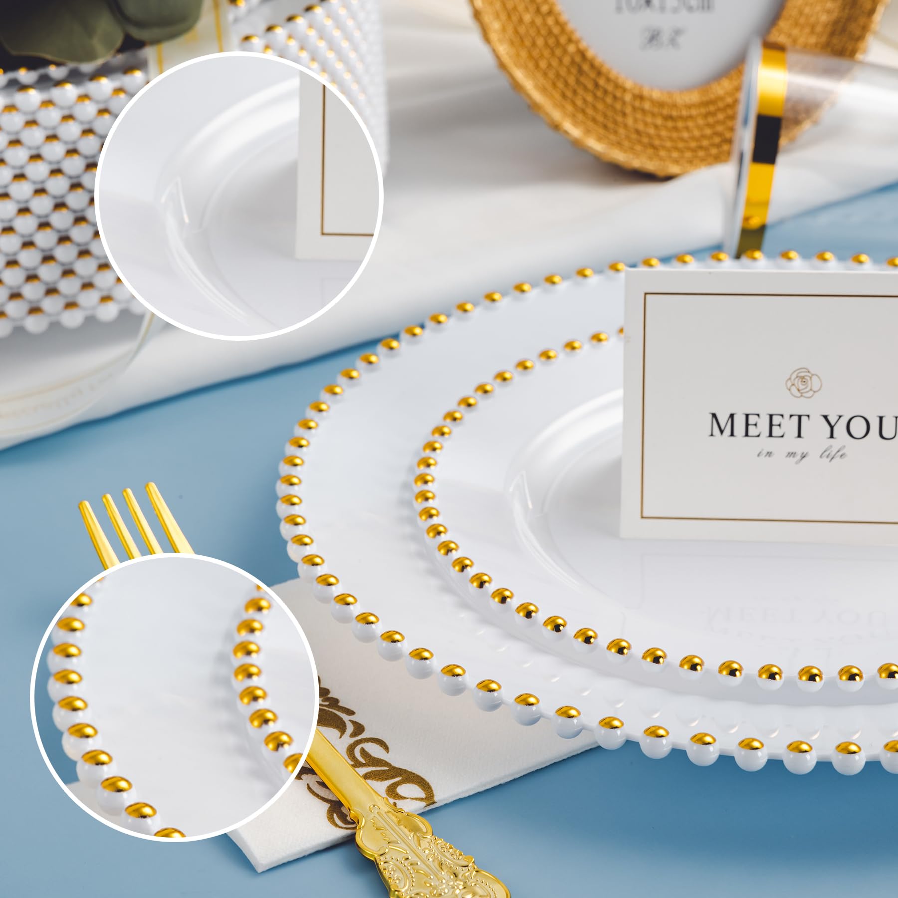 75-Piece Gold Plastic Dinnerware Set with Beaded Rim - 15 Dinner Plates, 15 Dessert Plates, 15 Forks, 15 Spoons, 15 Knives - Heavy Duty Disposable Tableware for Parties, Weddings & Special Events - Elegant & Durable for Catering, Banquets & Home Entertaining
