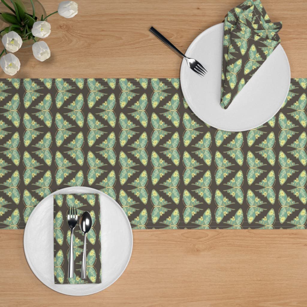 Custom Folk Butterfly Brown Turquoise Floral Print Cotton Sateen Table Runner 72
