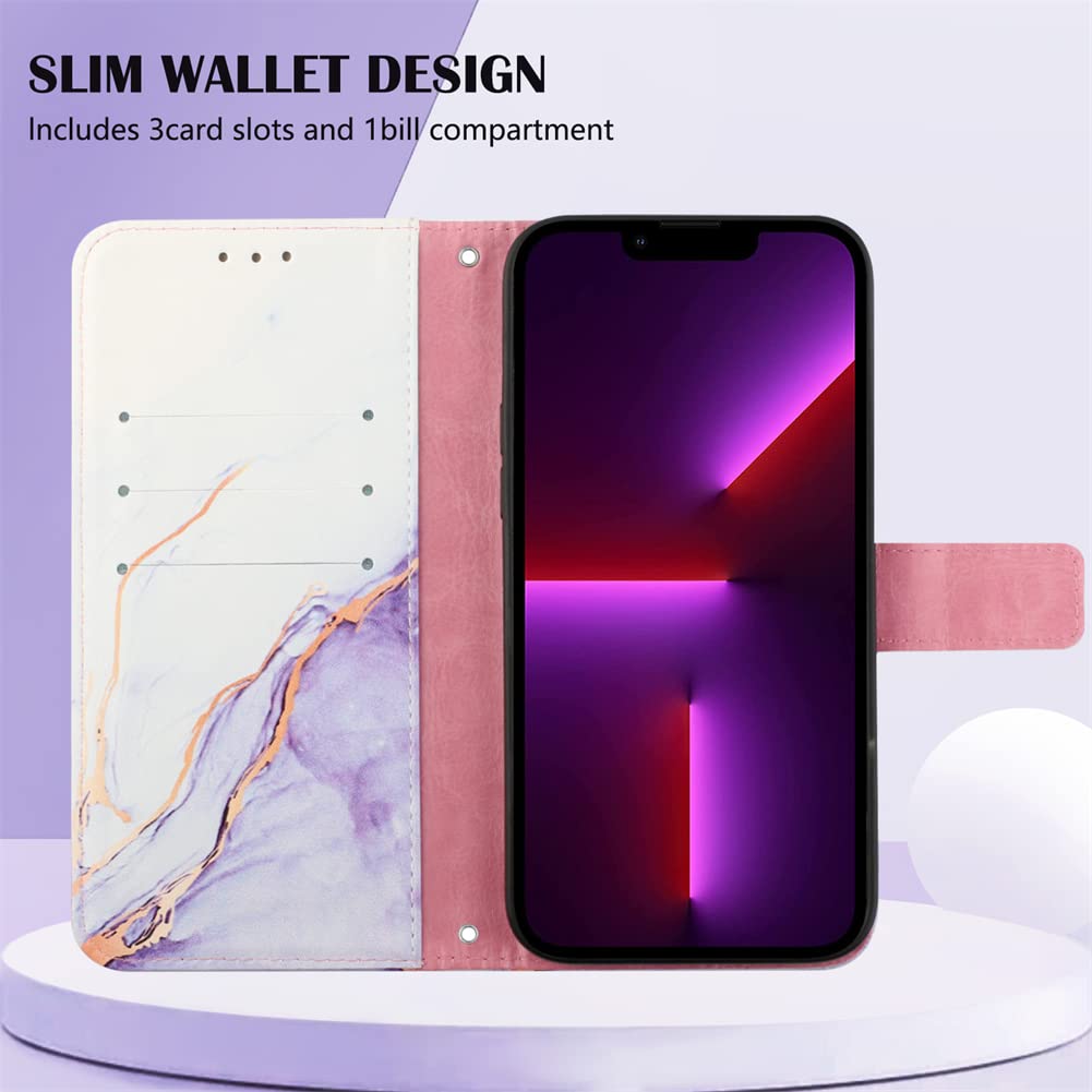 Premium Shockproof PU Leather Flip Case for iPhone 13 Mini - Marble White & Purple | Slim Protective Cover with Card Slot | Perfect for Work, Travel & Everyday Use