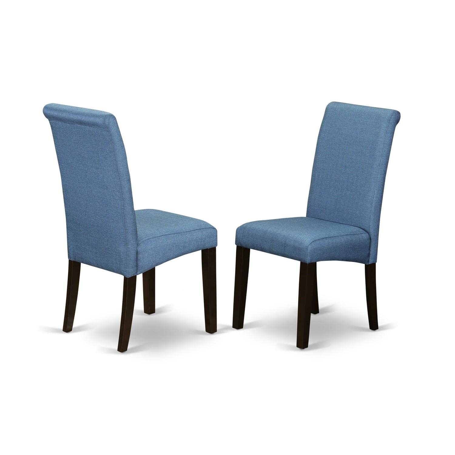 East West Furniture HLBA3-CAP-21 3-Piece Round Kitchen Dining Set with Pedestal Table & 2 Blue Linen Parsons Chairs, 42x42 Inch, Cappuccino - Perfect for Small Spaces, Breakfast Nooks & Cozy Apartments