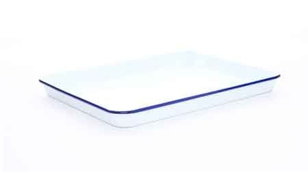 Vintage Style Enamelware Jelly Roll Pan & Rectangular Baking Tray with Blue Rim - Perfect for Baking, Roasting & Serving | Crow Canyon Home Collection