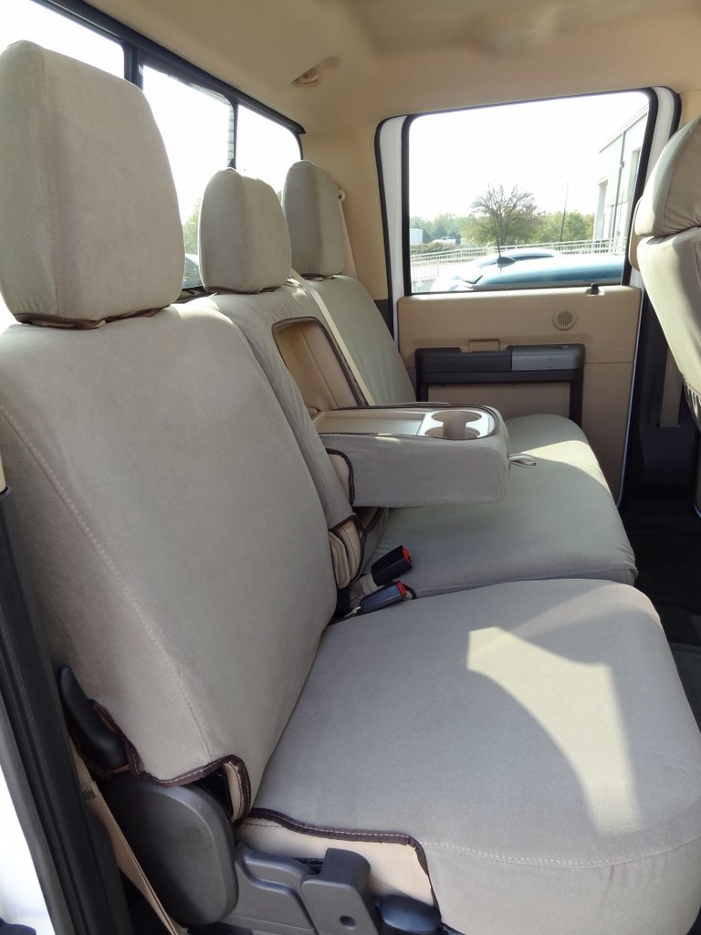 Premium Durafit Seat Covers for 2011-2015 Ford F250-F550 | Custom Fit Lariat & King Ranch Models | Front Bucket & 60/40 Rear Bench | Tan/Taupe Twill-Velour Fabric | Integrated Seat Belts | Perfect for Truck Enthusiasts & Off-Road Adventures
