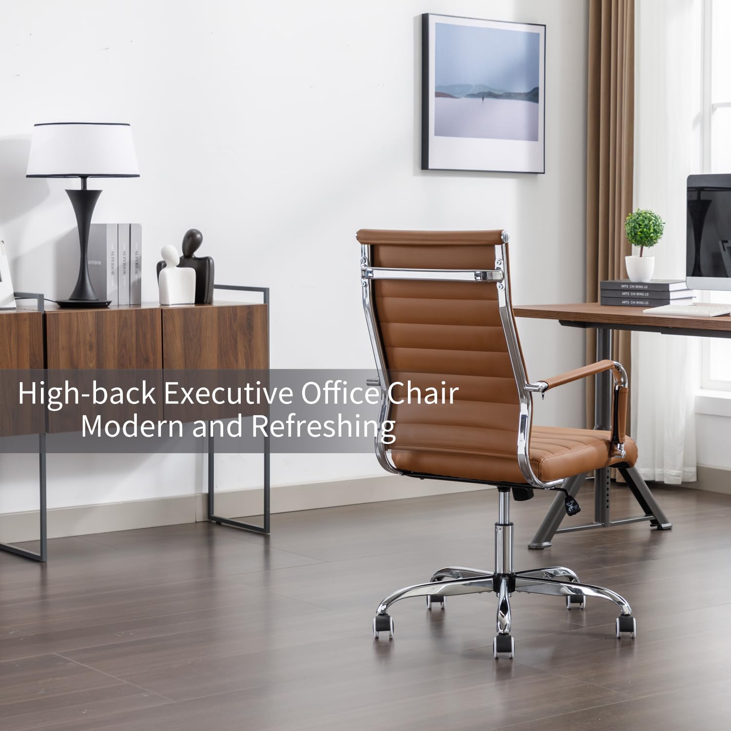 Premium Leather Office Desk Chair with Wheels - Ergonomic Executive Computer Chair for Conference Room, Modern Ribbed Design (Brown) - Ideal for Home Office, Corporate Workspaces & Professional Environments