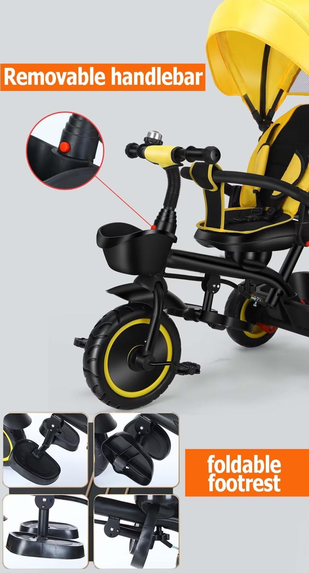 Two-Way Reversible Toddler Stroller Tricycle with Adjustable Seat, Safety Belt & Guardrail - Parent Steering Handle & Dual Rear Brakes - Black/Yellow Foam Wheels for Park Rides & Neighborhood Walks