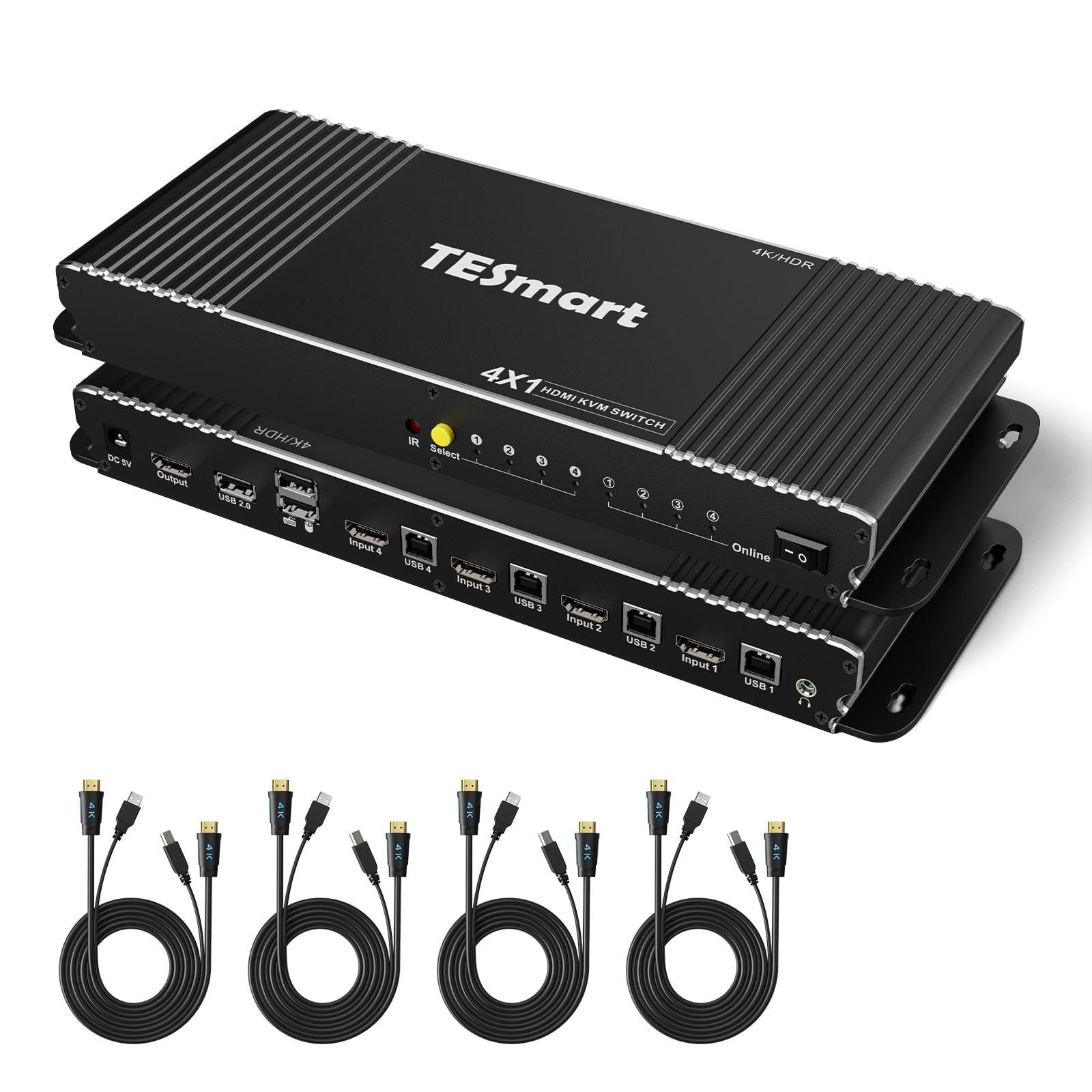 TESmart 4K@60Hz 4-Port HDMI KVM Switch - 4 in 1 Out Ultra HD 4:4:4 with USB 2.0 & Audio Output - Control 4 PCs/Servers/DVRs - Includes 2x1.5m Cables (Matte Black) - Perfect for Home Office, Gaming Setup & IT Workstations