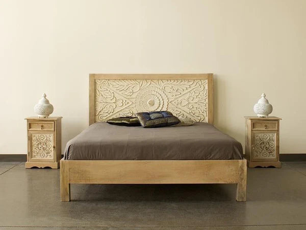 Handcarved Solid Wood Indian King Size Bed Frame in White - Perfect for Master Bedroom, Guest Room & Luxury Home Decor