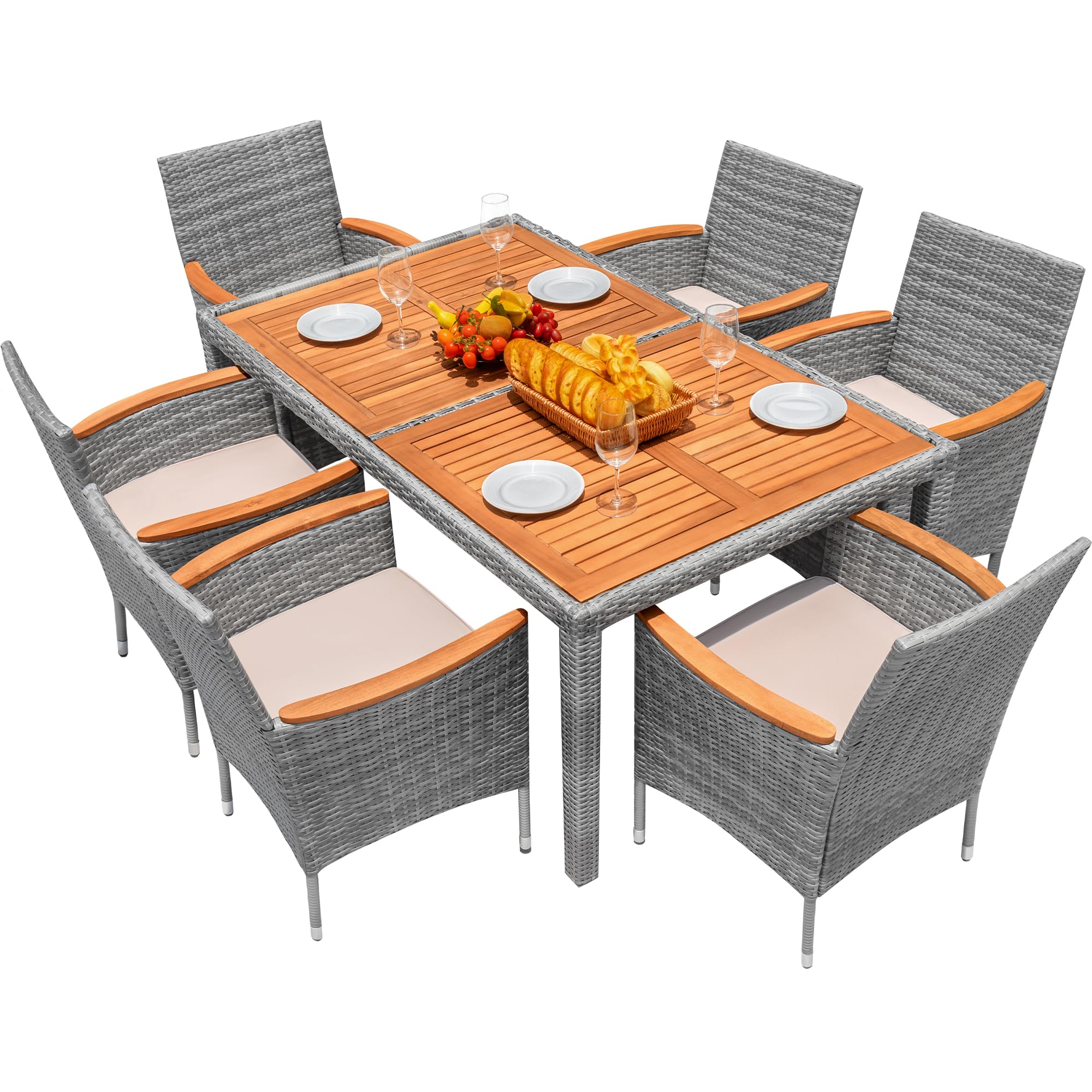 Premium 7-Piece Acacia Wood Patio Dining Set with Soft Cushions - Outdoor Wicker Furniture for Deck, Backyard & Garden - Weather-Resistant Grey Set for Al Fresco Dining & Entertaining