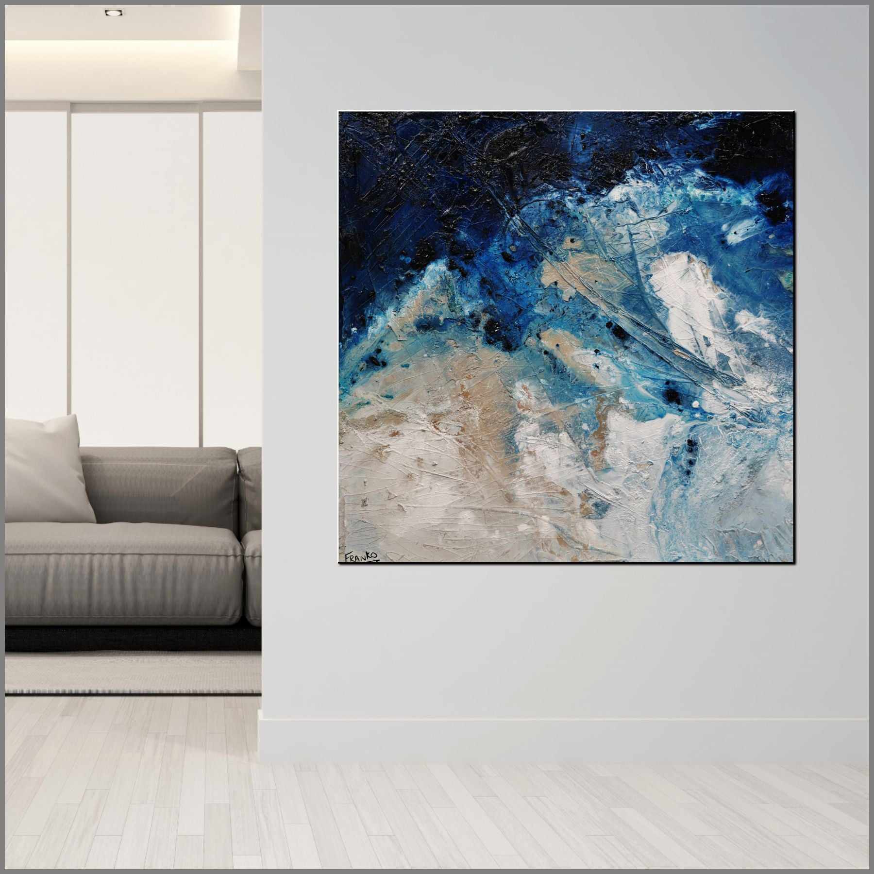 Navy Blue Silk Abstract Textured Painting 47x47 Inches - White & Cream Modern Wall Art for Living Room, Bedroom, Office Decor