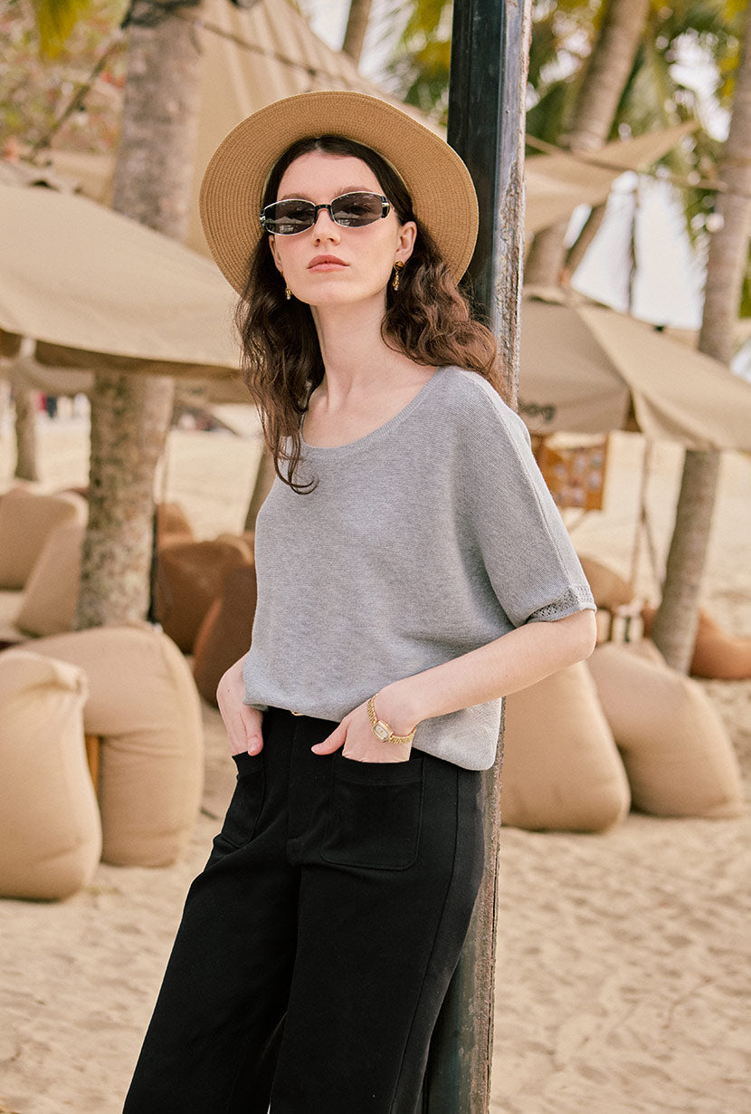 Premium Franco Cotton Knit Top for Women - Soft Grey Crewneck Casual Shirt - Perfect for Everyday Wear, Office & Weekend Outfits