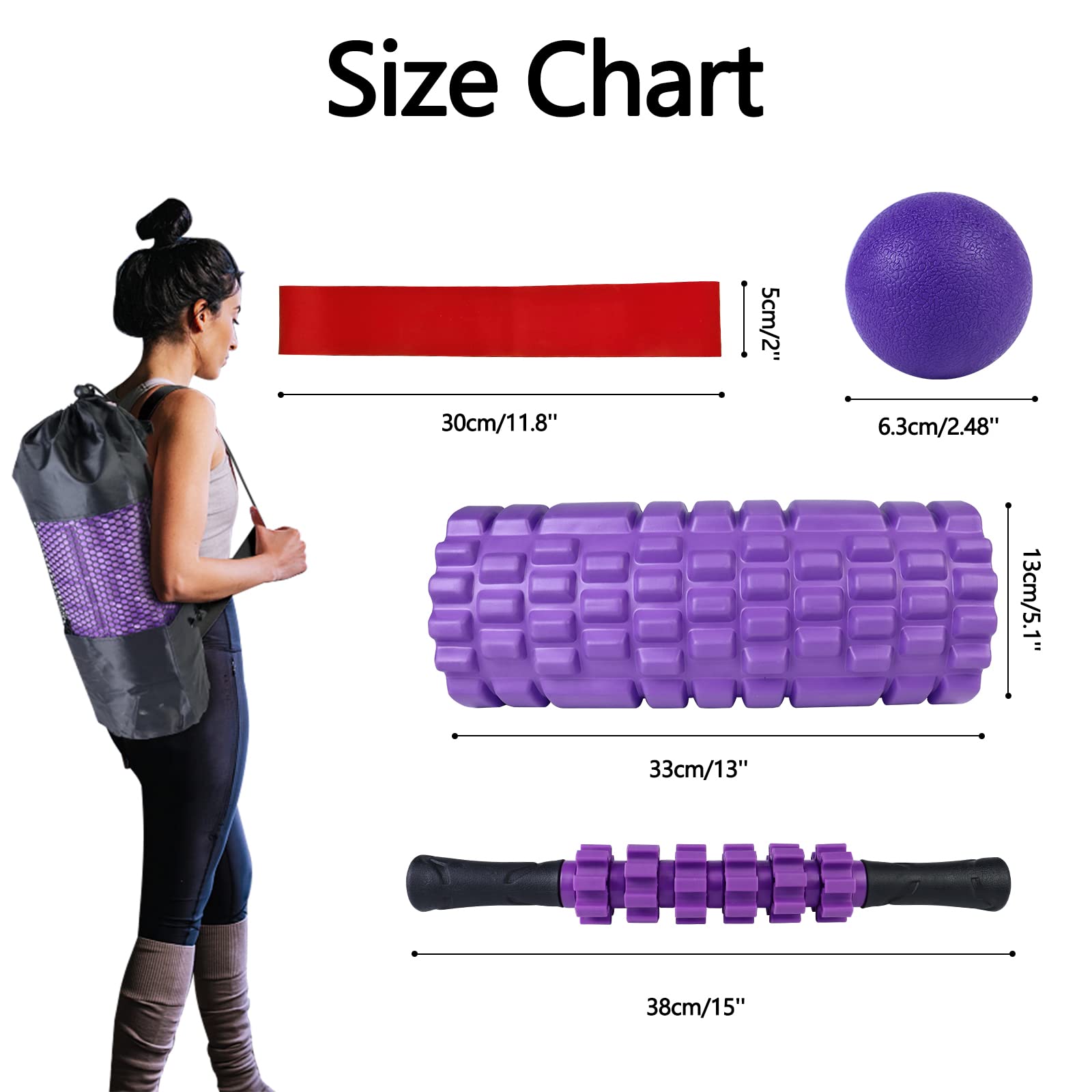 5 in 1 Foam Roller Set for Deep Tissue Massage - Trigger Point Foam Roller, Massage Roller Stick, Massage Ball & Stretching Strap - Perfect for Pilates, Yoga, Fitness & Full Body Recovery (Purple) - Ideal for Home Gym, Physical Therapy & Post-Workout Muscle Relief