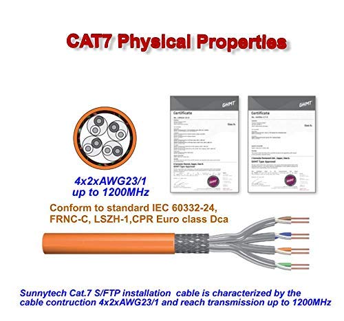 Sunnytech CAT7 500ft S-FTP LSZH Ethernet Cable - 1200MHz 10GBase-T, 23AWG Solid GHMT Certified (Blue, Drum Pack) - High-Speed Networking for Offices, Data Centers & Smart Homes