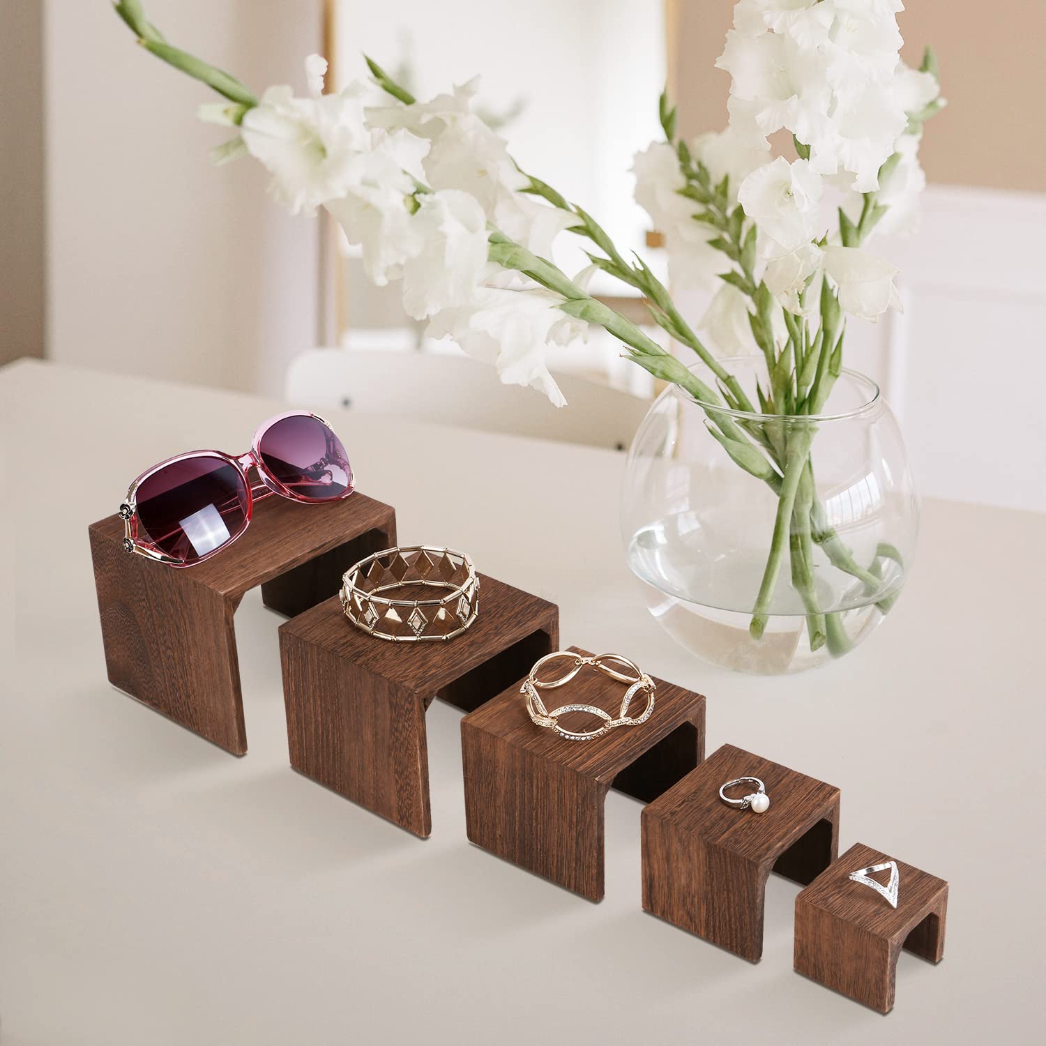 MOOCA 5-Piece Wooden Jewelry Display Stand Set - Adjustable Height Retail Riser for Rings, Watches, Necklaces & Bracelets - Natural Brown Wooden Organizer for Boutique, Trade Shows & Home Storage