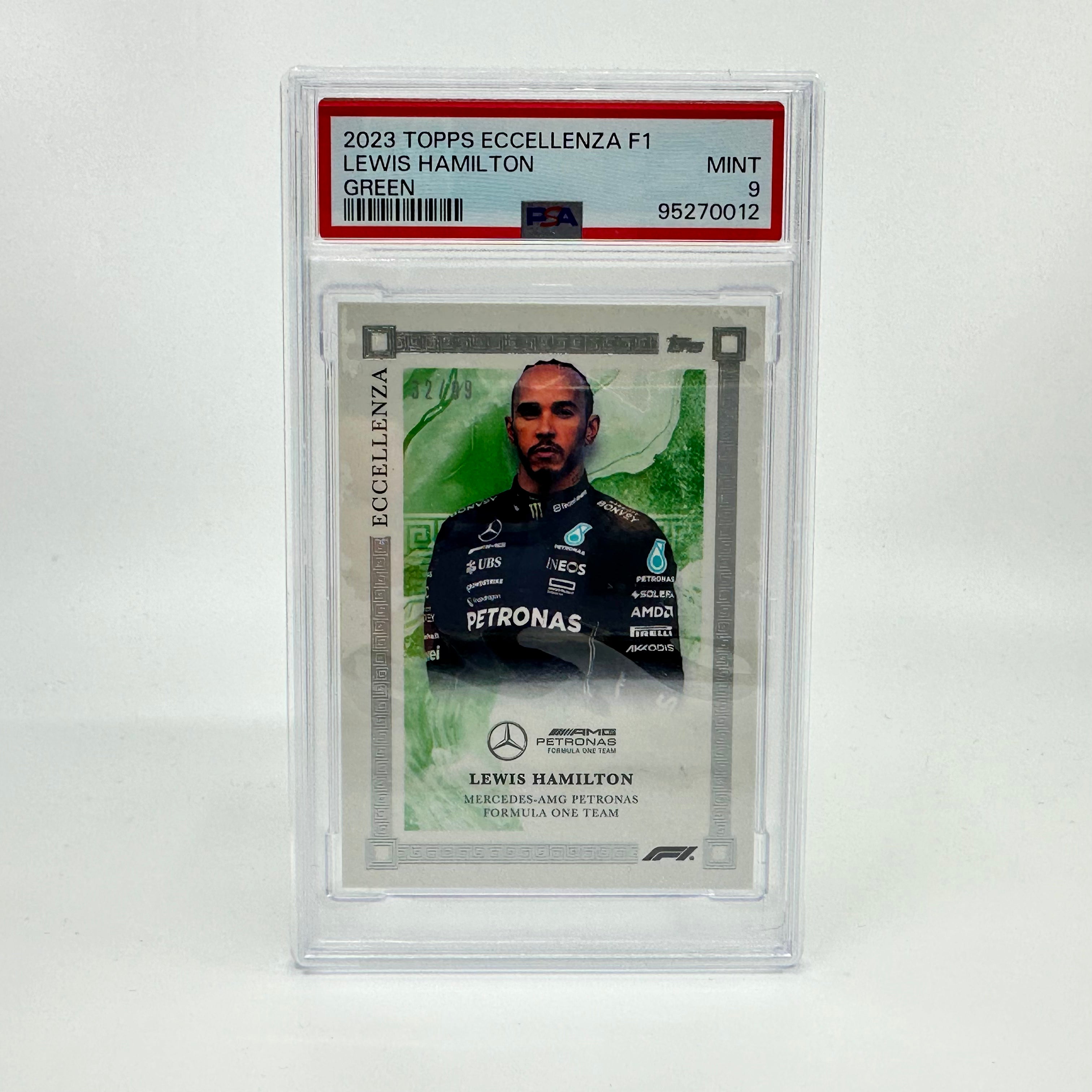 PSA 9 Graded 32/99 Lewis Hamilton Green 2023 Eccellenza Trading Card - Rare Collectible for F1 Fans & Sports Memorabilia Enthusiasts
