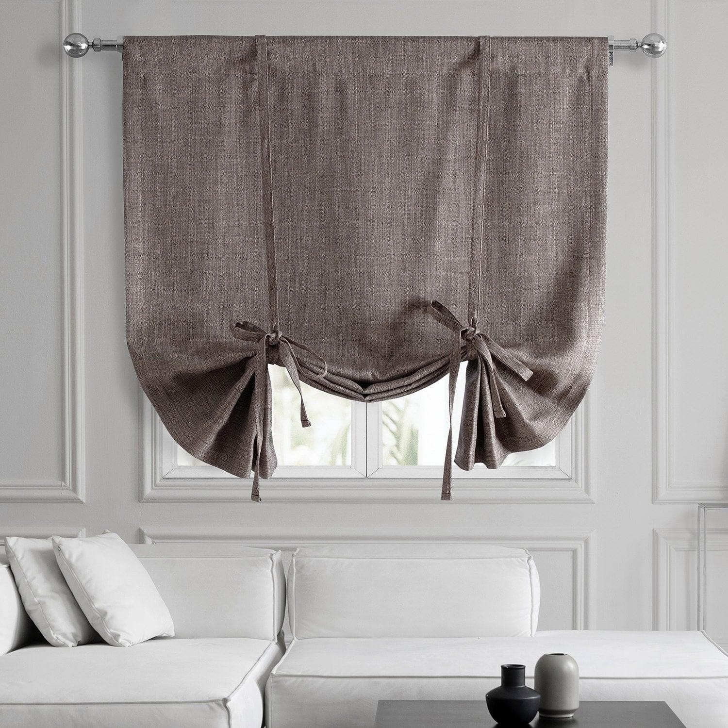 Blackout Window Curtains - Mink Textured Faux Linen Tie-Up Shades for Bedroom & Living Room - Light Blocking & Privacy Window Treatment for Home Decor