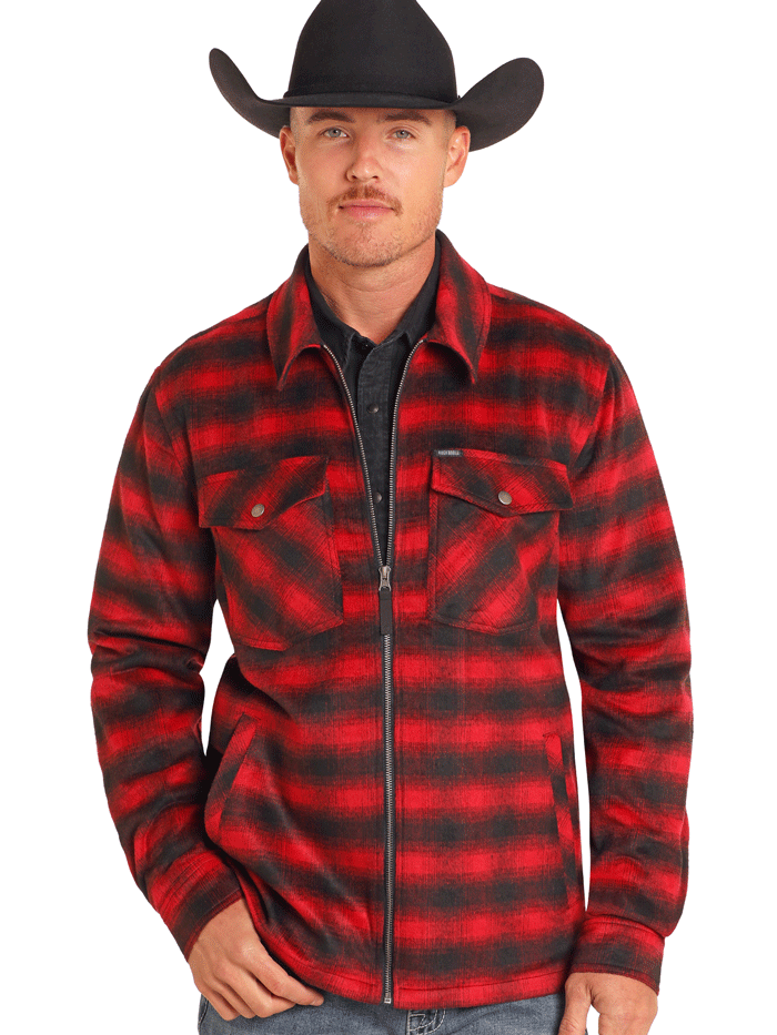 Rock & Roll Denim BM92C04325 Men's Full Zip Plaid Shirt Jacket - Red Checkered Casual Outerwear for Streetwear & Music Festivals
