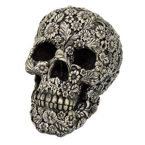 6 Inch Skull Figurine with Floral Engravings - Gothic Home Decor, Unique Collectible Gift for Halloween, Office Desk Display & Dark Aesthetic Decor