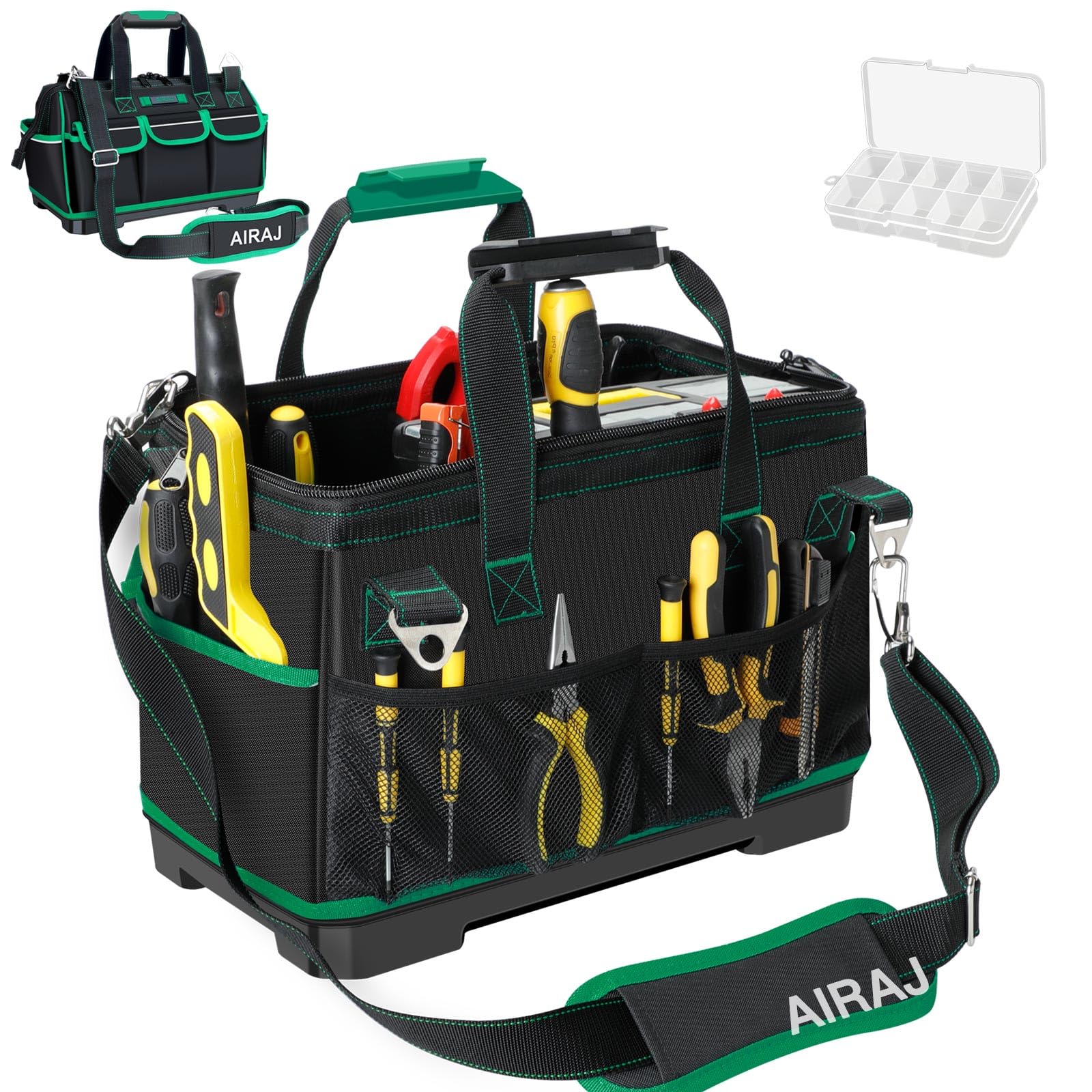 AIRAJ 16-Inch Heavy Duty Tool Bag with Reflective Strips - Wide Mouth Design with 15 Pockets, Adjustable Shoulder Strap - Durable Craftsman Tool Organizer for Electricians, Plumbers & DIY Enthusiasts - Perfect for Job Sites, Home Repairs & Workshop Organization