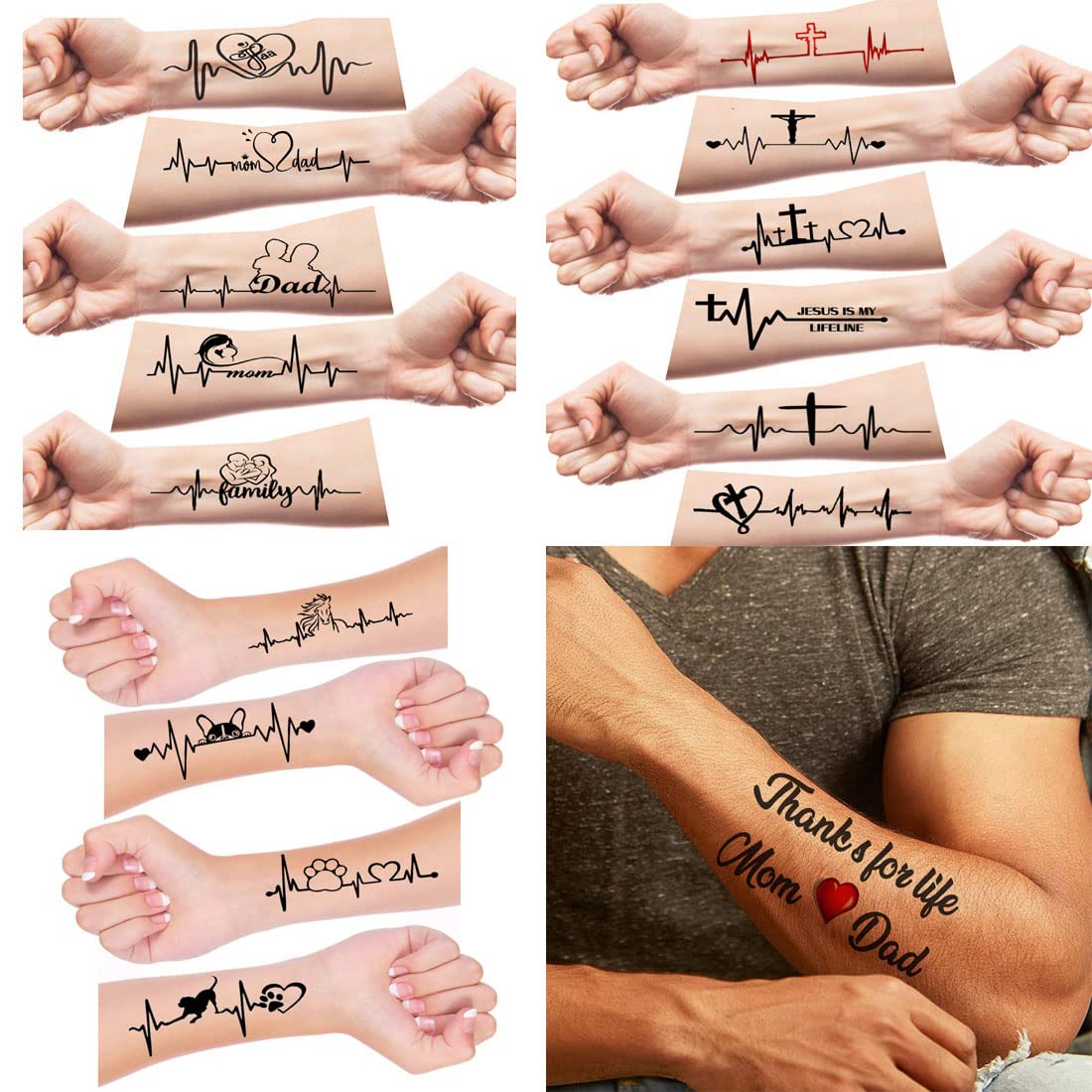 Temporary Tattoo Stickers Pack of 4 - Heart Line Art Designs for Mom & Dad, Men & Women (2x4 Inch) | Waterproof Body Art for Parties, Festivals & Family Events