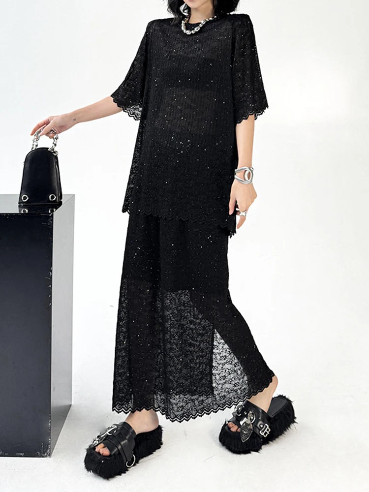 Black Lace T-Shirt & Back Slit Skirt 2-Piece Set - Round Neck Short Sleeve Women's Fashion Outfit for Spring Summer 2025 | Casual Wear, Date Night, Office Attire