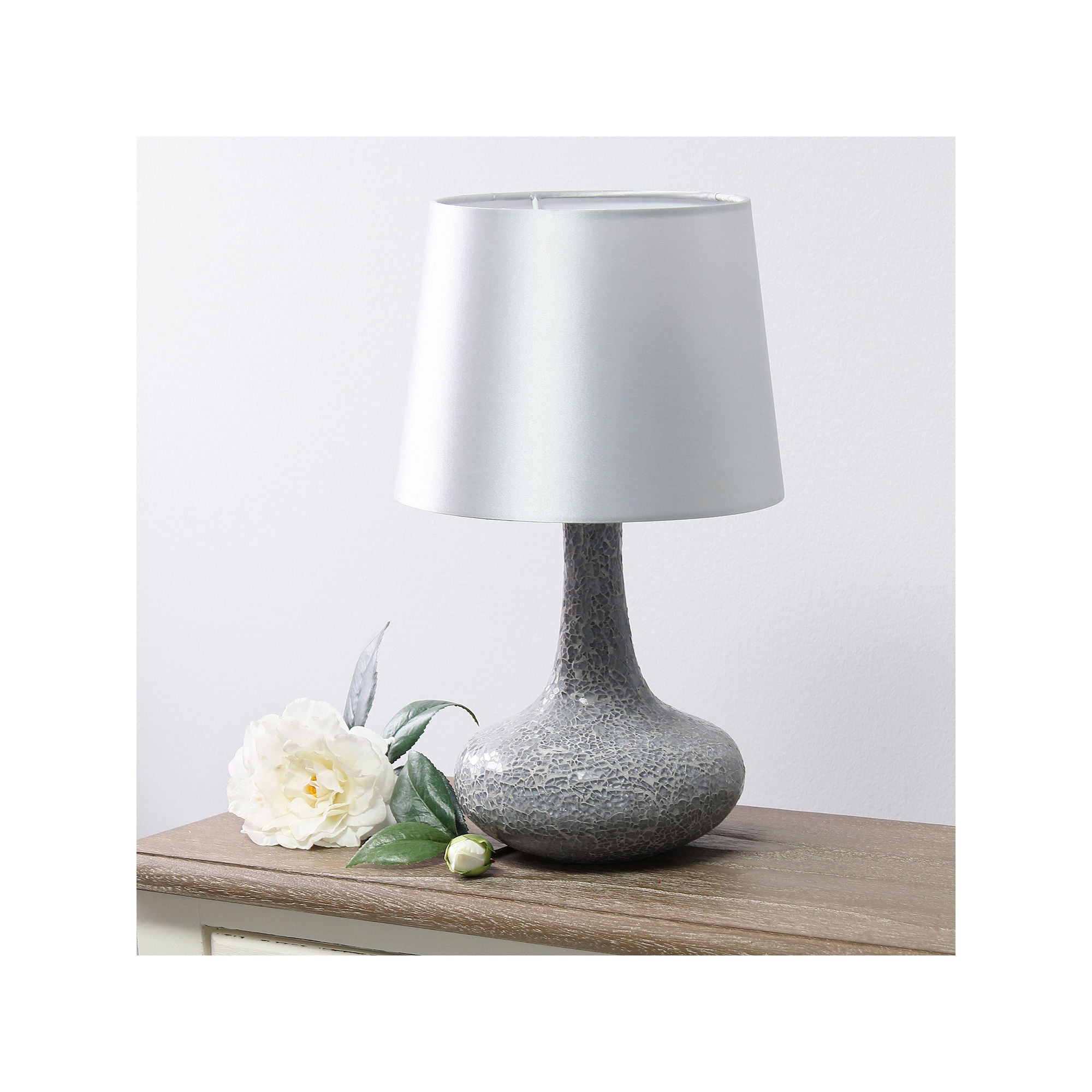 National Brand Mosaic Tiled Glass Genie Table Lamp with Fabric Shade - Gray - Perfect for Bedroom Nightstand, Living Room End Table or Office Desk Lighting