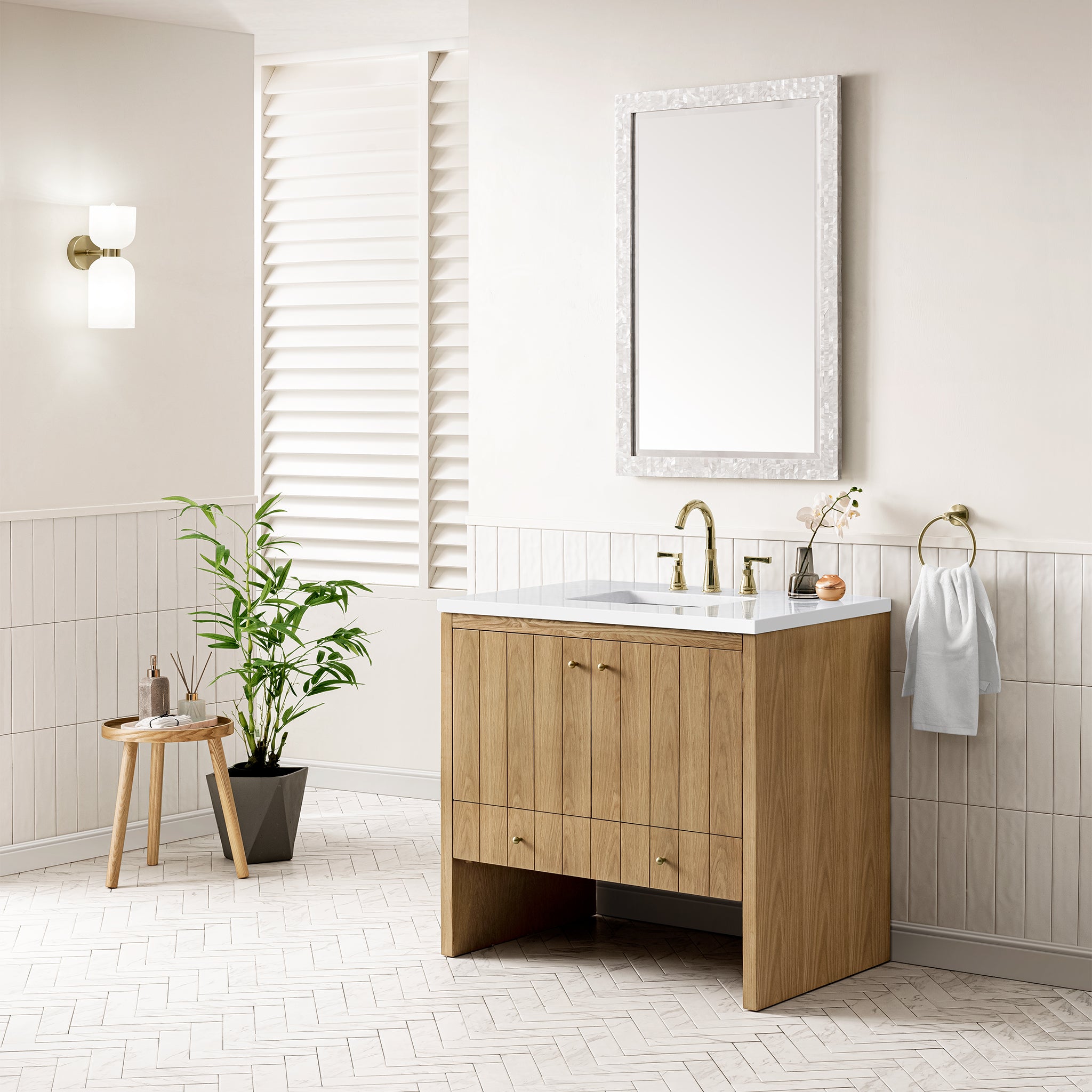 Hudson 36 Inch Single Bathroom Vanity with White Zeus Top - Light Natural Oak Finish - Modern Bathroom Storage Solution for Small Spaces