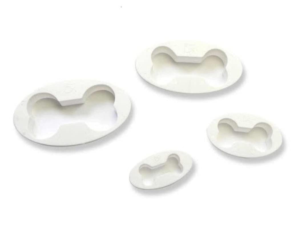 4-Piece White Plastic Dog Bone Cookie Cutter Set - Embosser & Cake Decorating Baking Mold Tools for Cookies, Cupcakes, and DIY Pet Treats