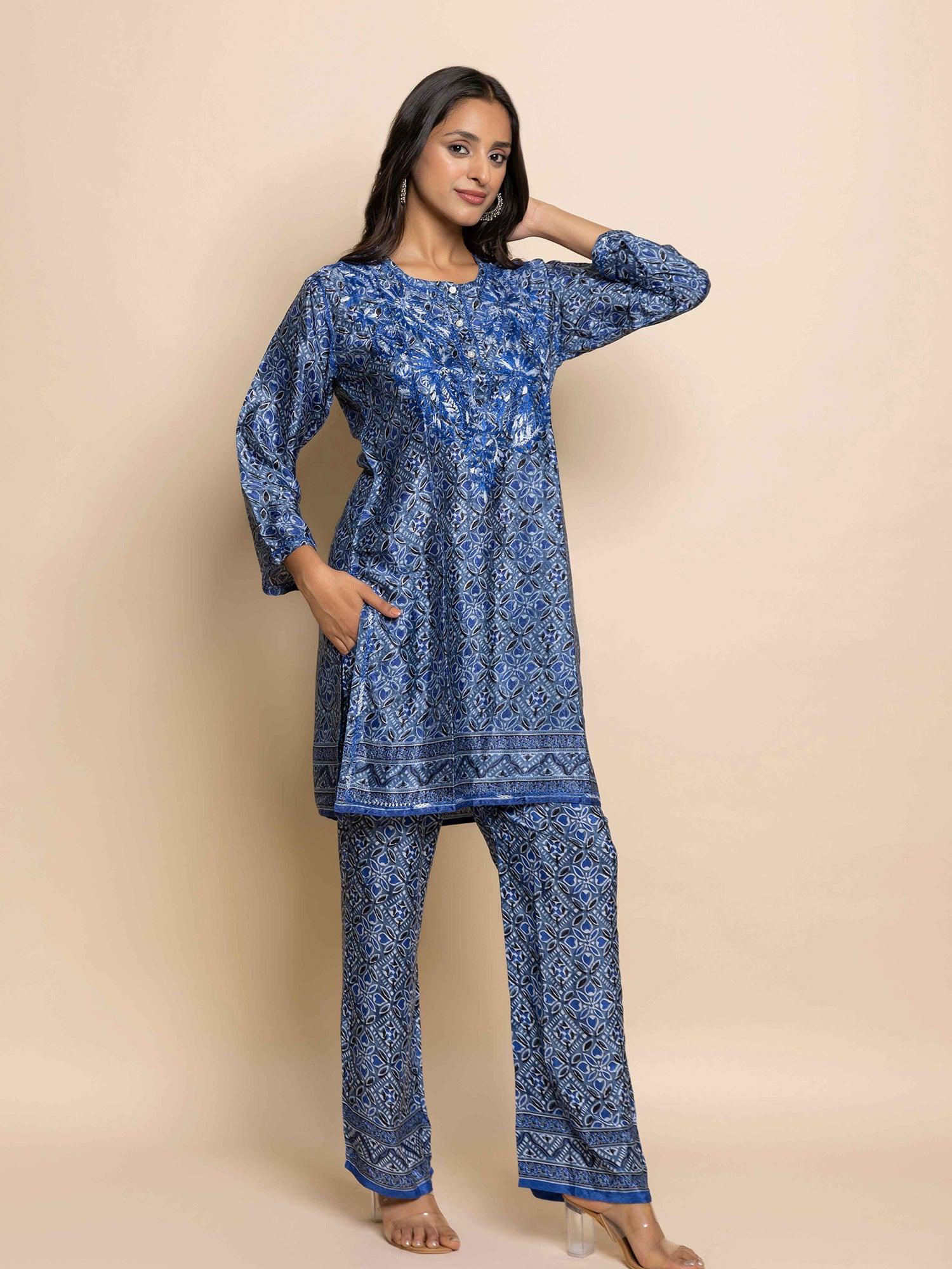 Fizaa Hand Embroidered Chikankari Poly Silk Cord Set - Blue | Elegant Indian Kurti Dupatta Set for Parties & Weddings