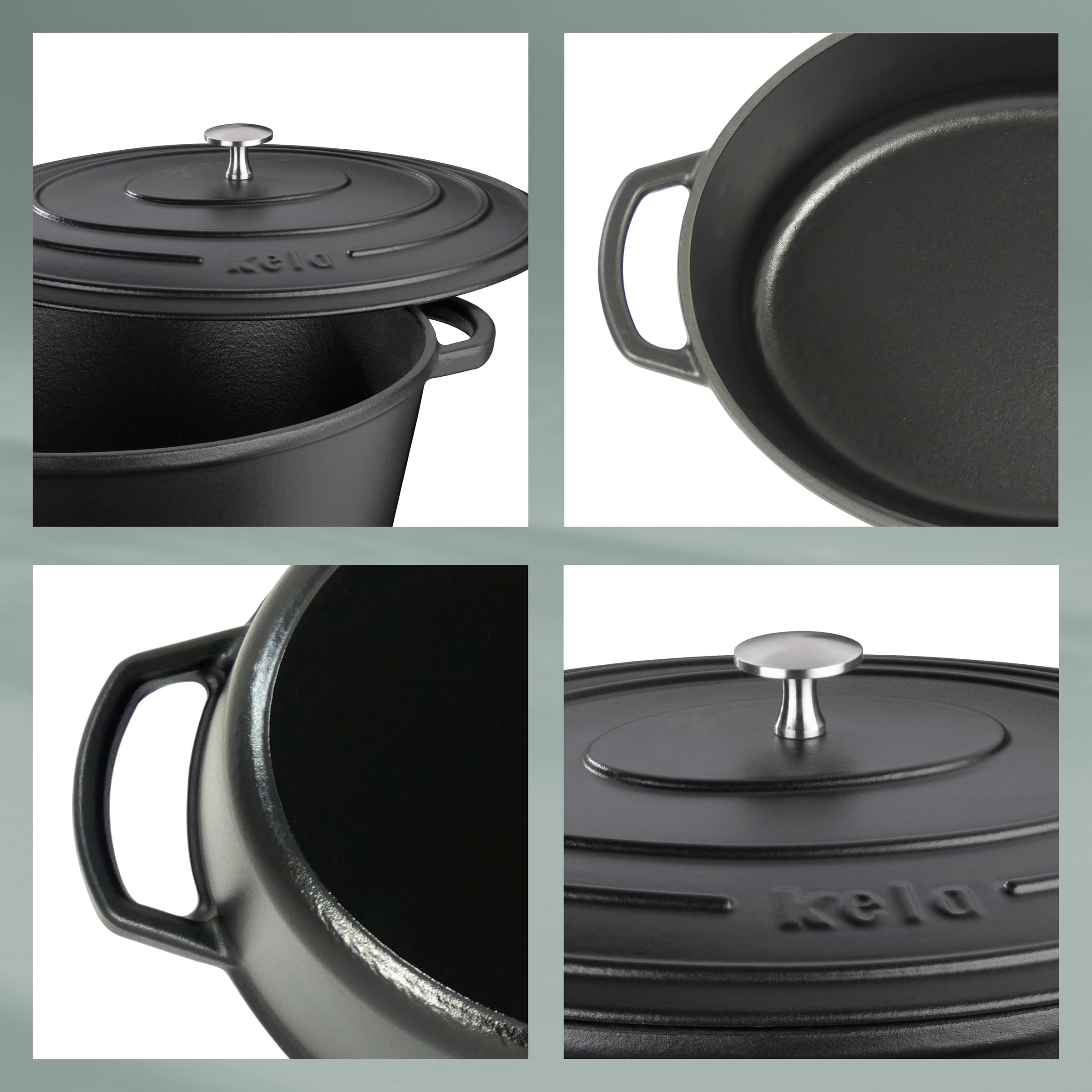 Kela Calido 9.5L Cast Iron Oval Casserole Dish - Black Enamel Dutch Oven for Baking, Roasting & Serving - Perfect for Oven, Stovetop & Camping Cooking