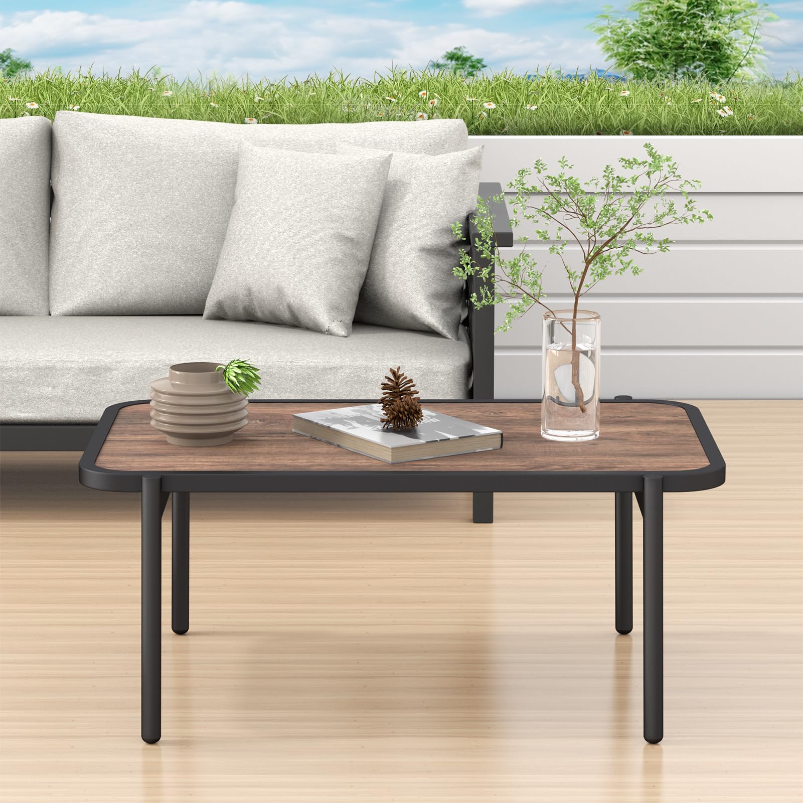 Small Metal Patio Coffee Table with Woodgrain Top - Outdoor Side Table for Garden, Balcony & Poolside - Rust-Resistant & Durable for All-Weather Use