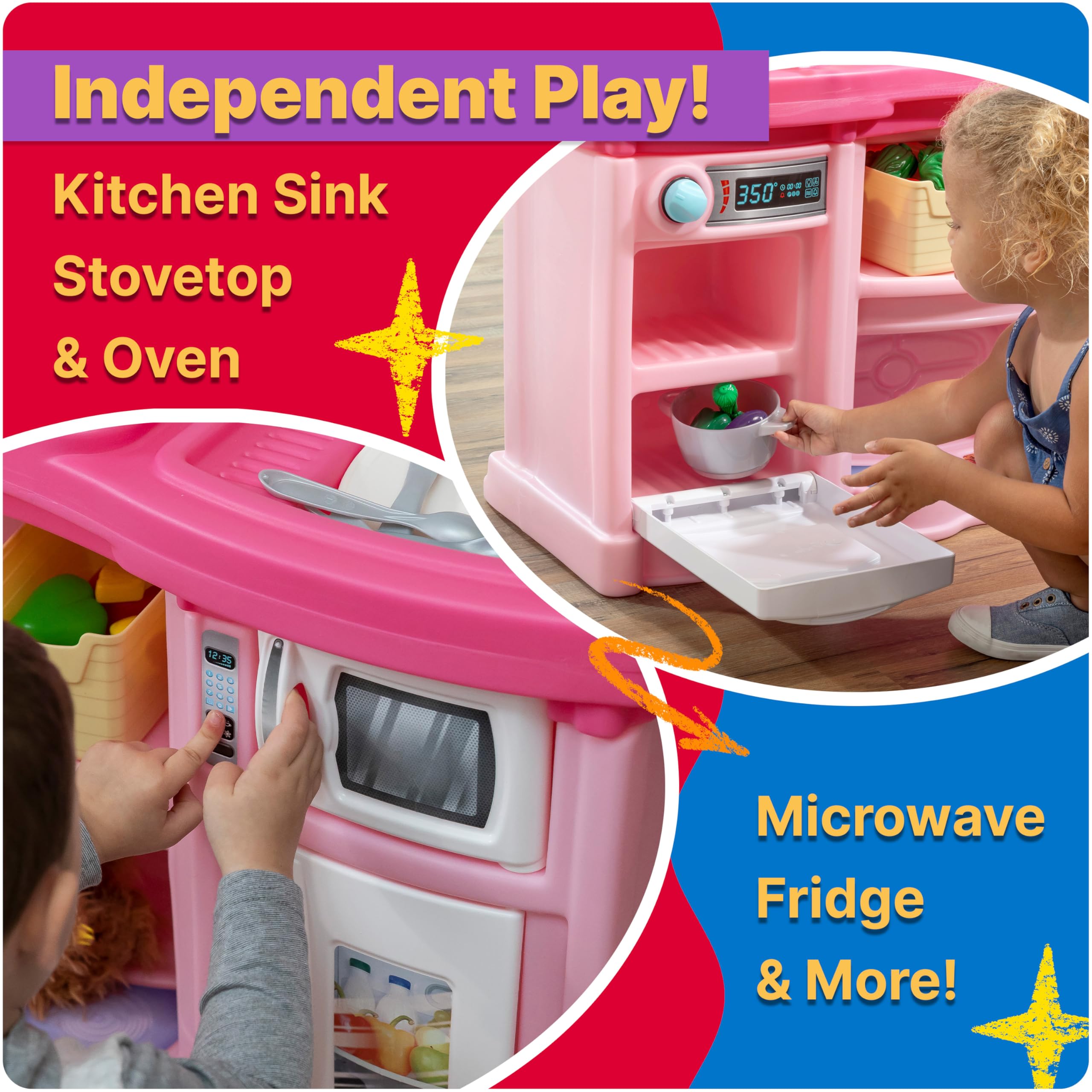 Step2 Fun with Friends Kids Kitchen Playset - Interactive Indoor/Outdoor Toy Kitchen with Lights & Sounds, 25-Piece Accessories, Durable Plastic for Toddlers Ages 2+ (Pink) | Perfect for Pretend Play, Birthday Gifts & Daycare Learning Activities