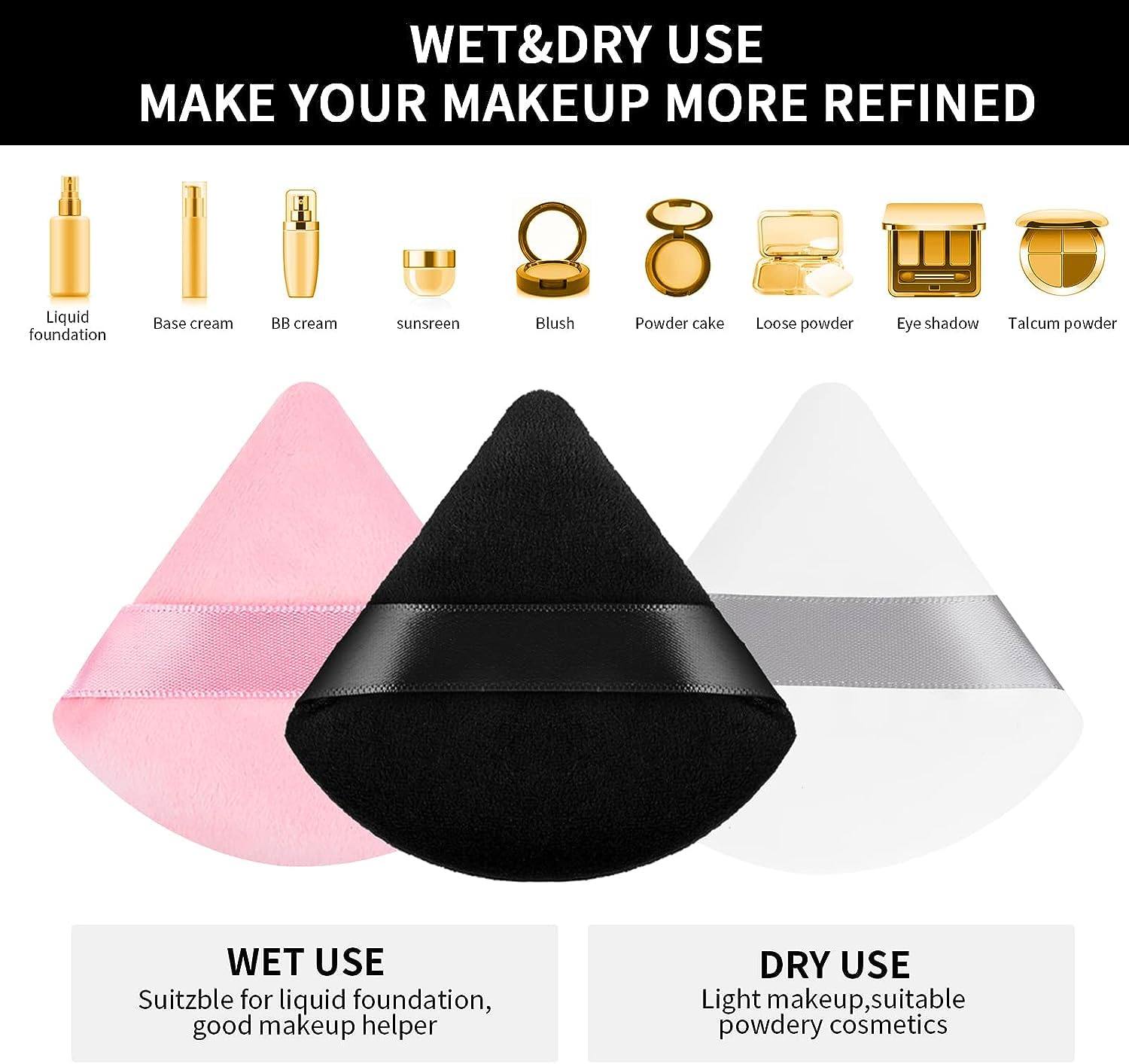 JNKB 3-Piece Triangle Velour Makeup Sponges - Beauty Blender for Foundation, Loose Powder & Contouring - Soft Cosmetic Puff Applicator with Cleansing Holder (Multi-Colored) - Perfect for Travel, Professional Makeup & Everyday Beauty Routine