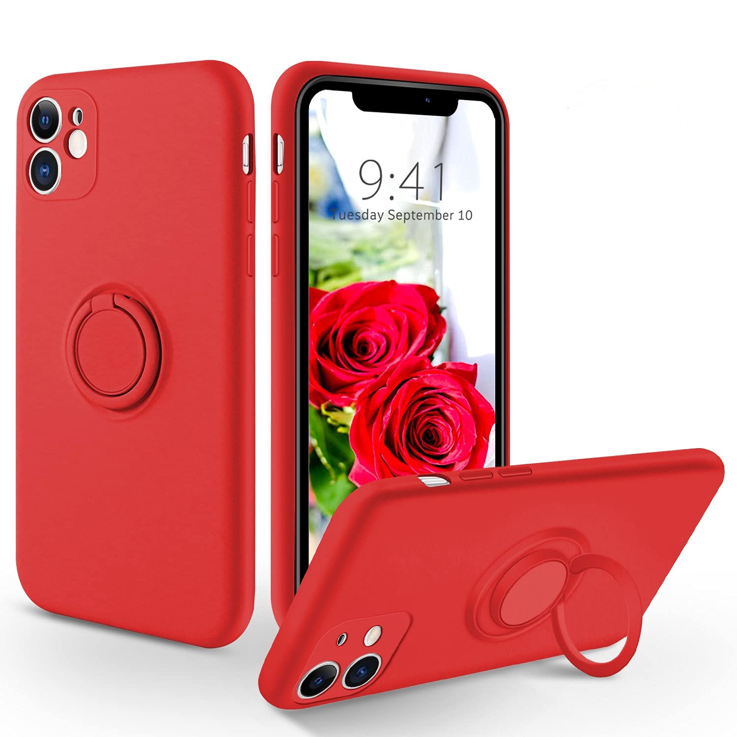 iPhone 11 Case Slim Shockproof Silicone Cover with Kickstand & Ring Holder - Protective Bumper for Women Men Girls - Red | Perfect for Daily Use, Travel & Outdoor Activities