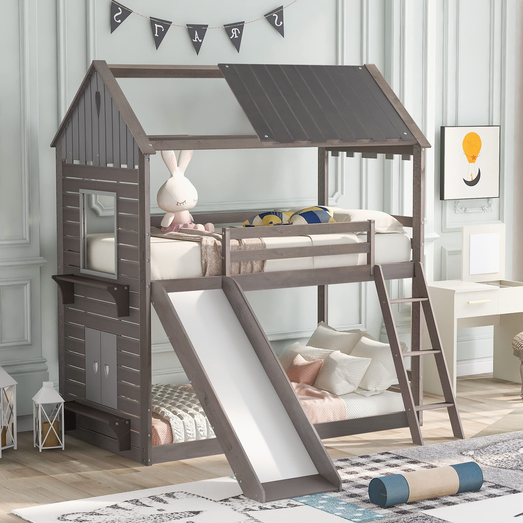 **Twin Over Twin Bunk Bed with Slide - Wooden House Loft Bed for Kids & Teens - Gray Bedroom Furniture with Roof, Window, Guardrail & Ladder - Perfect for Shared Kids' Rooms, Sleepovers & Playtime Fun**