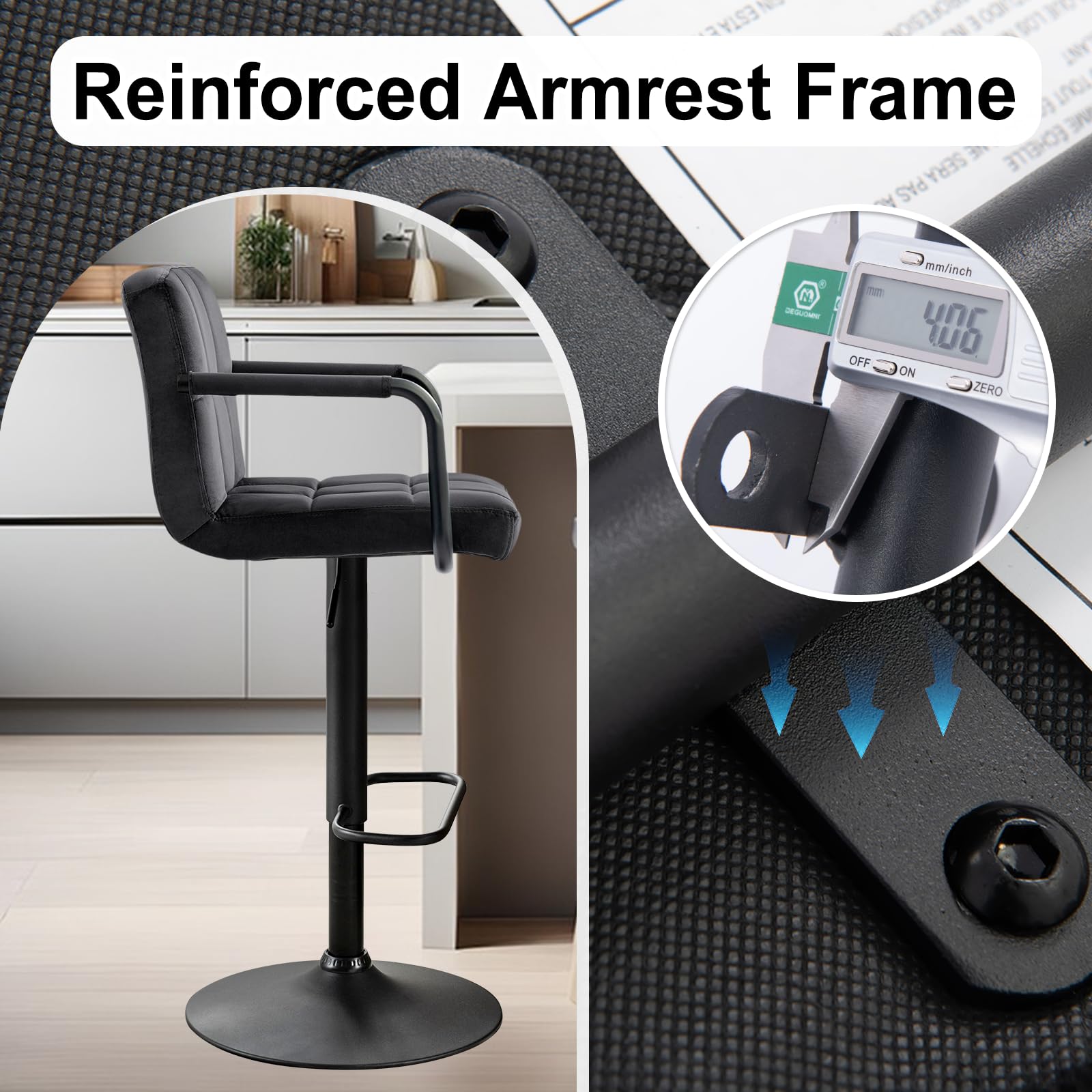 Furnimart Adjustable Swivel Bar Stools Set of 2 - Upholstered Counter Height Stools with Armrest & Footrest, Velvet Black - Perfect for Kitchen Island, Breakfast Bar & Dining Room Decor