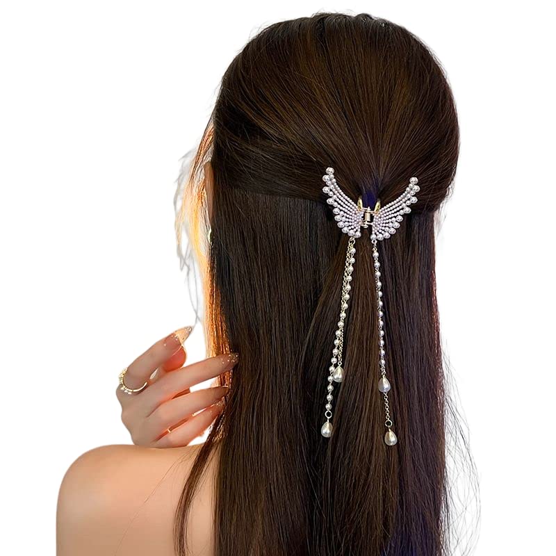 Samyak Elegant Pearl Rhinestone Hair Claw with Chain - Butterfly Clip Barrette for Women | Wedding Bridal Hair Accessories | Perfect for Prom, Parties & Special Occasions