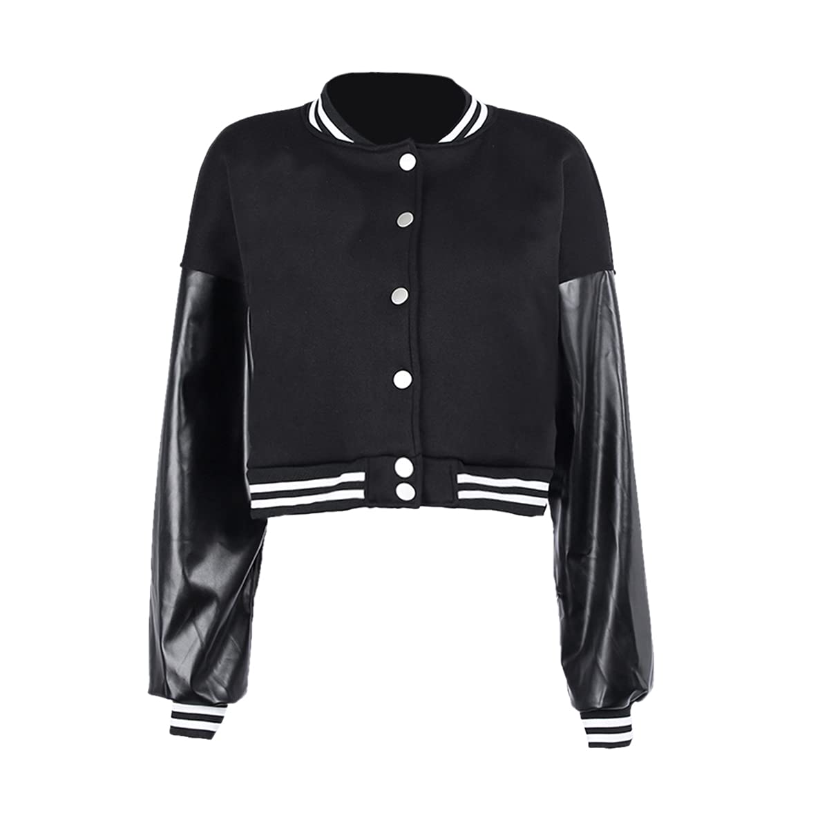 KIRJAUDU Women's Colorblock Patchwork Varsity Baseball Jacket - PU Leather Sleeve Cropped Bomber Coat for Casual Outfits & Streetwear Fashion