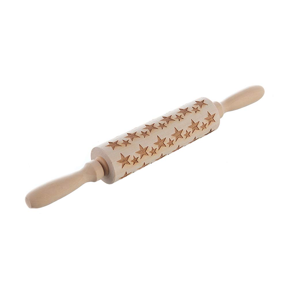 Meltset M Christmas Rolling Pin - 3D Engraved Embossing Cookie Roller, Natural Wooden Baking Pin for Christmas Cookies, Fondant & Pastry - Perfect for Holiday Baking, DIY Cookie Decorating & Gift Making (Star Pattern)